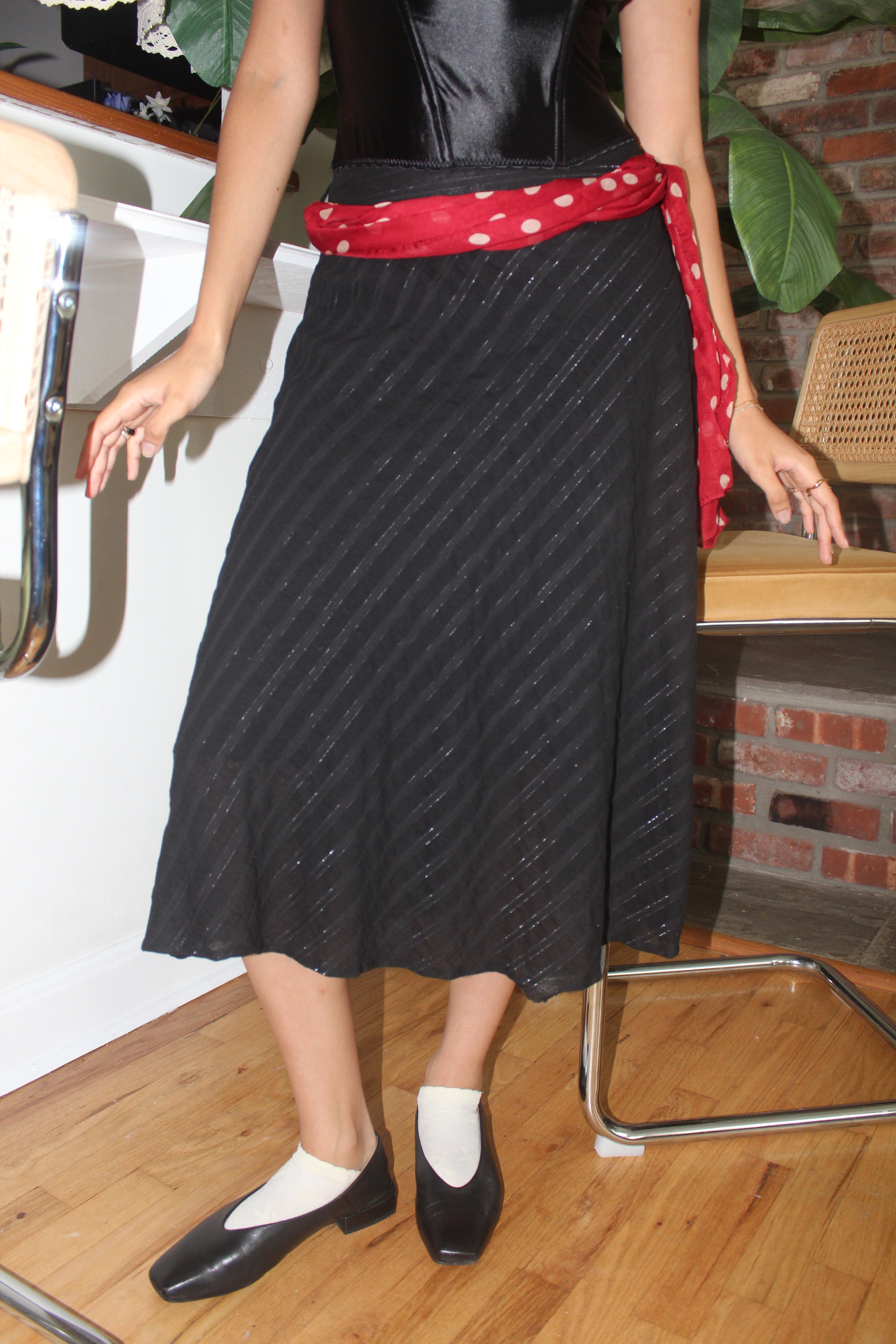 Vintage 90s Pinstriped Midi Skirt w Cherry Dotted Belt (S)