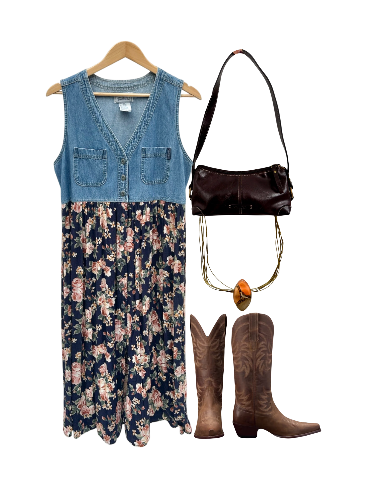 Vintage 90s Denim Floral Tie Midi Dress (M)