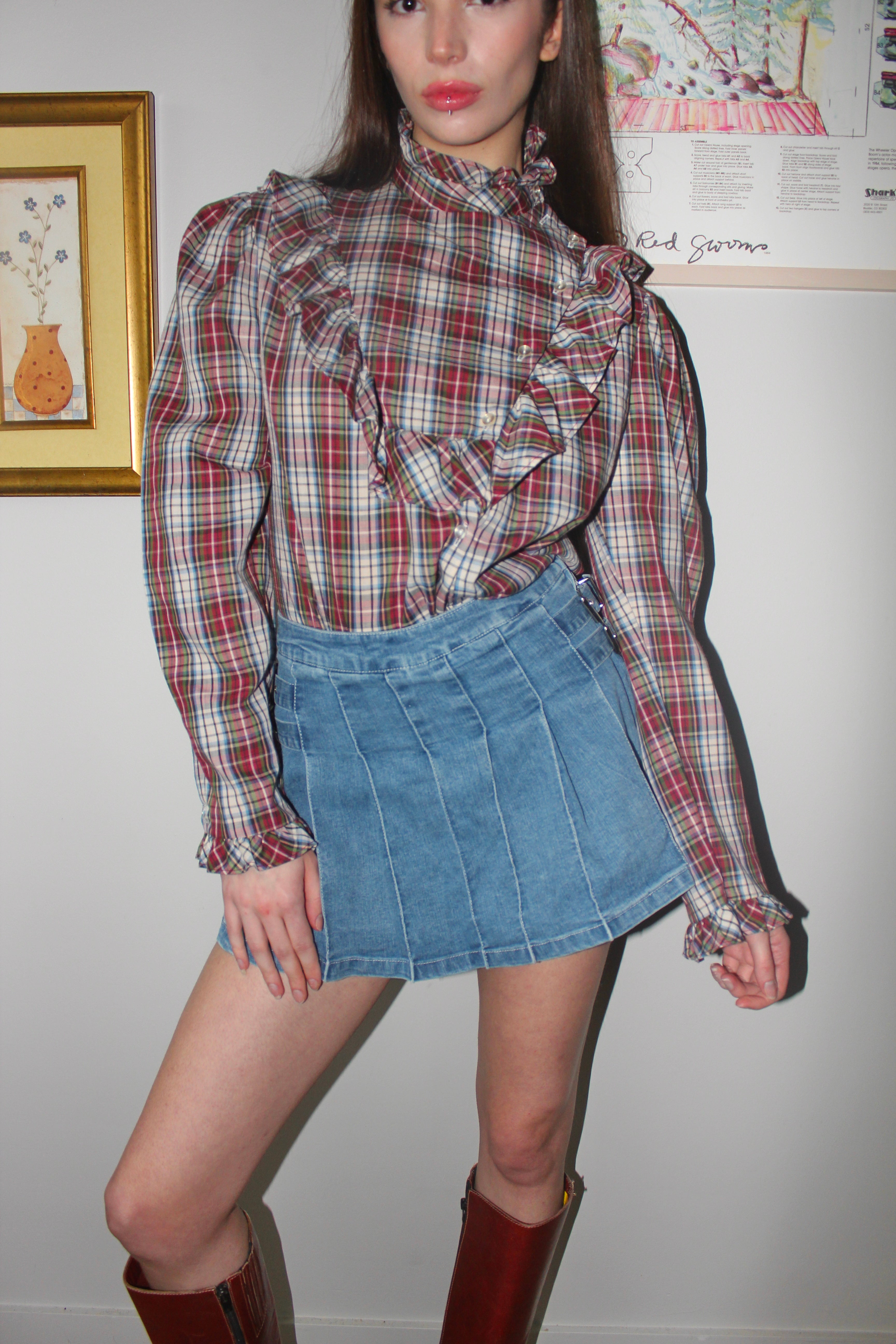 Vintage 80s Ruffled Plaid Button Up (S/M)