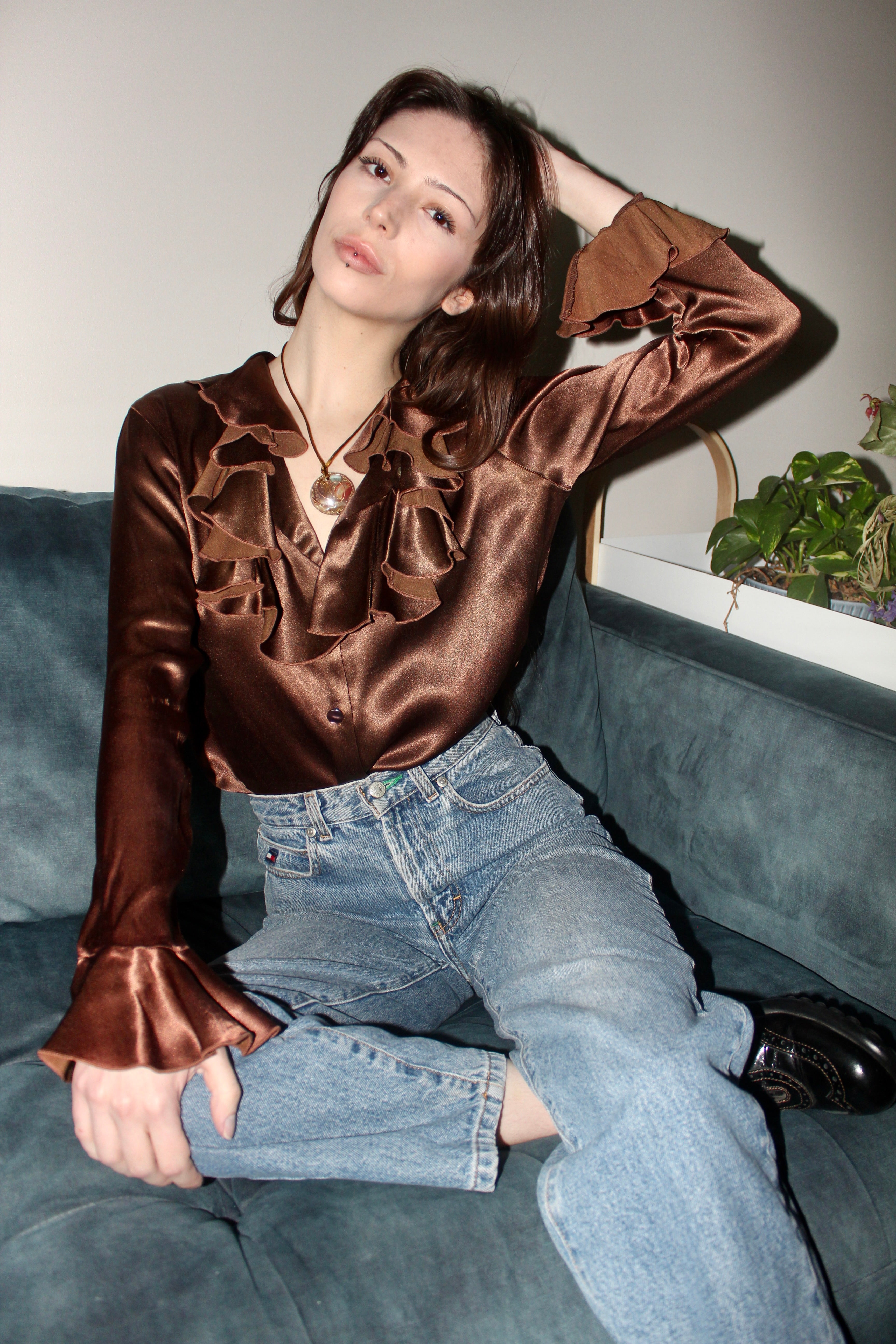 Vintage 80s Glossy Ruffled Chocolate Blouse (M)