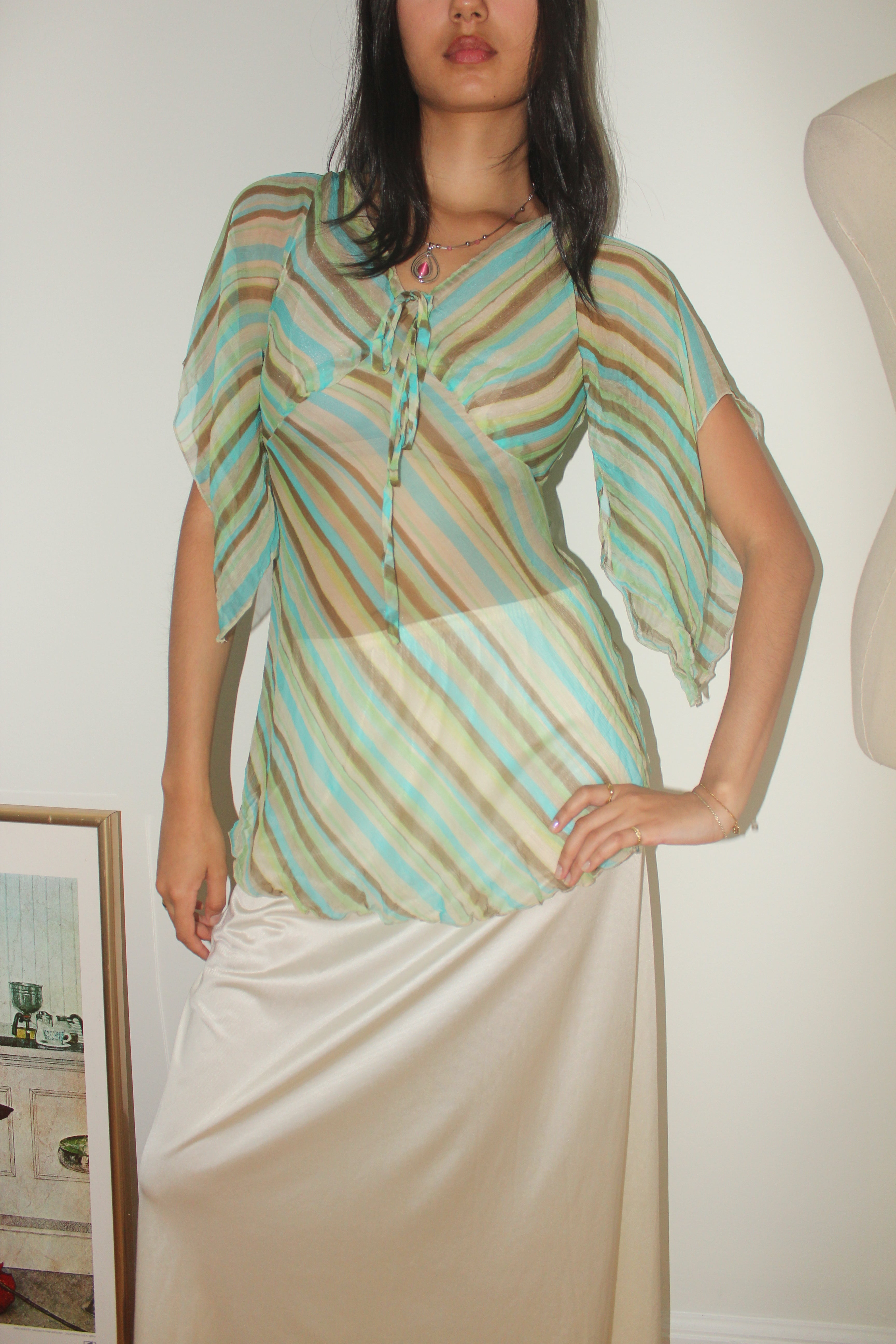 Vintage 90s Sheer Striped Silk Tie Blouse (S)