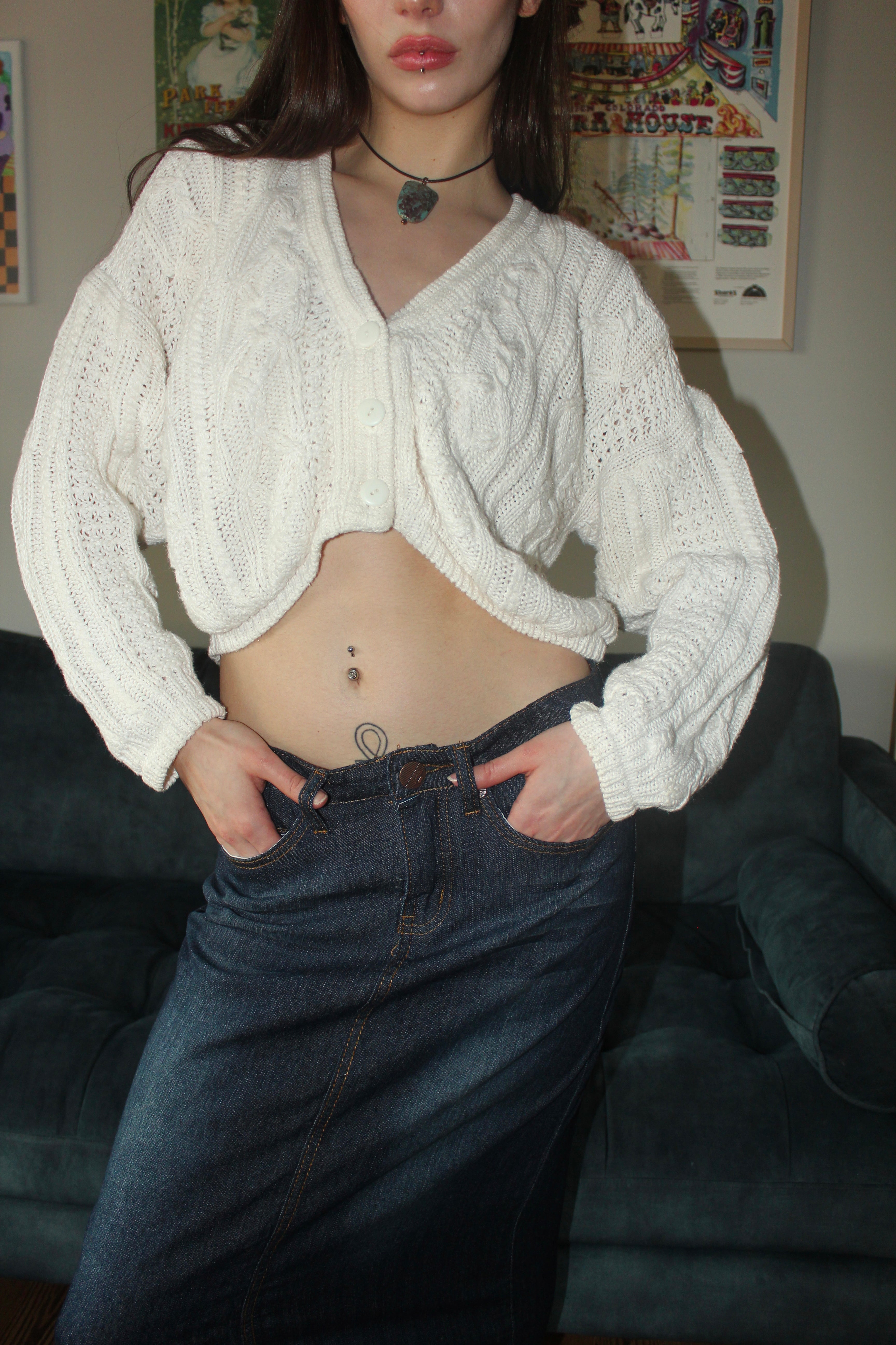 Vintage 90s Cableknit Cropped Cardigan (S)