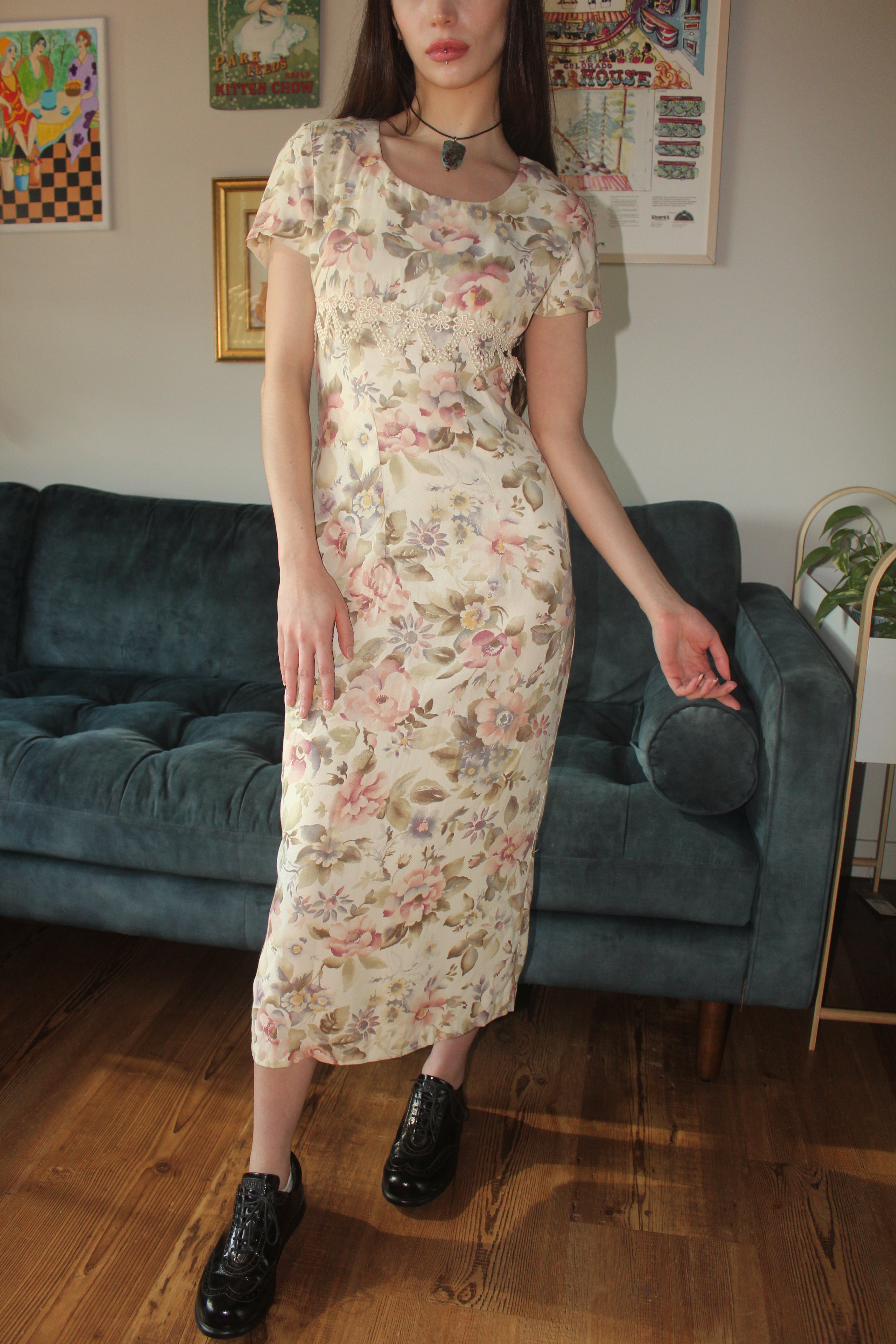 Vintage 80s Floral Prairie Midi Dress (S)