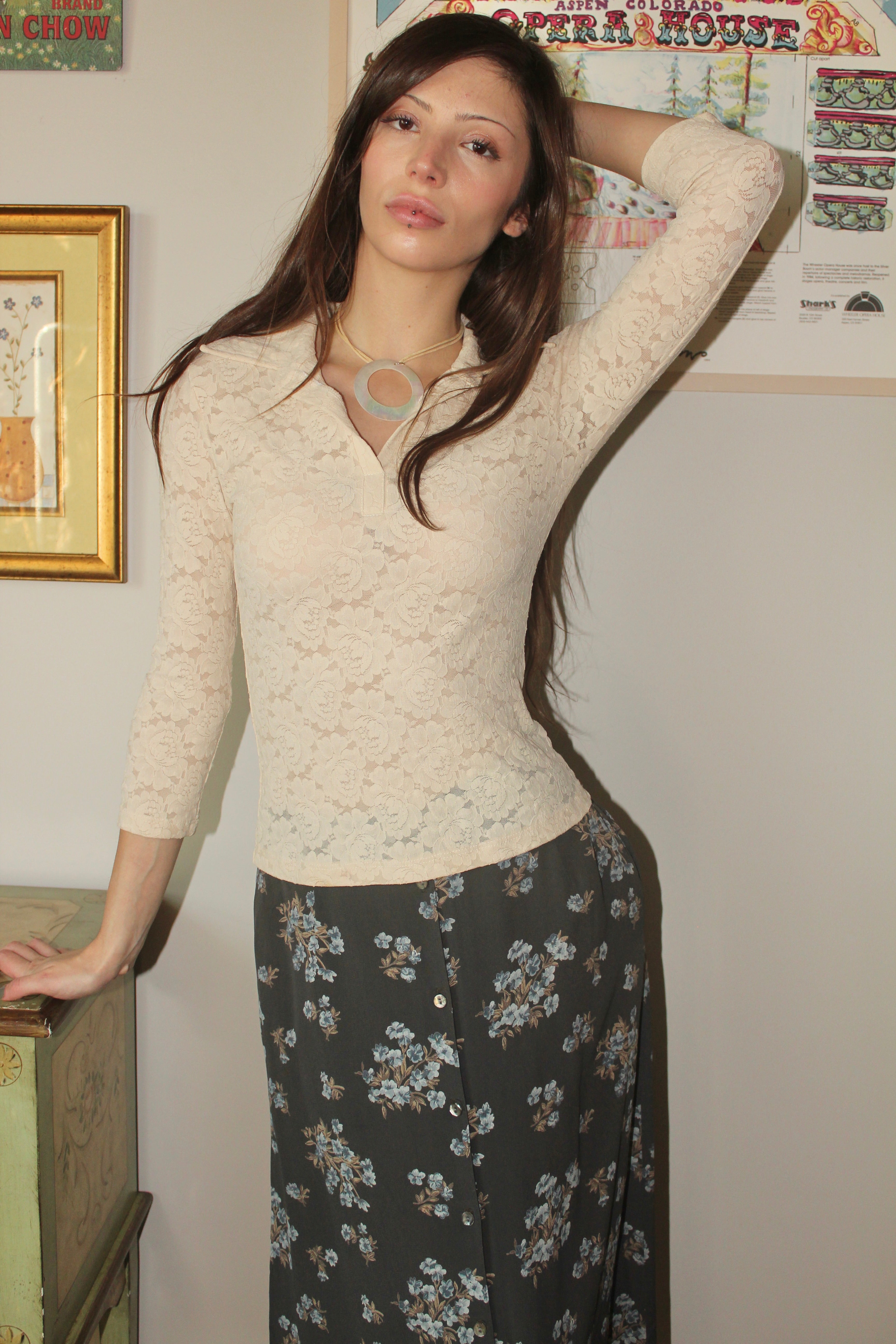 Vintage 90s Oatmeal Lace Collared Knit (XS/S)