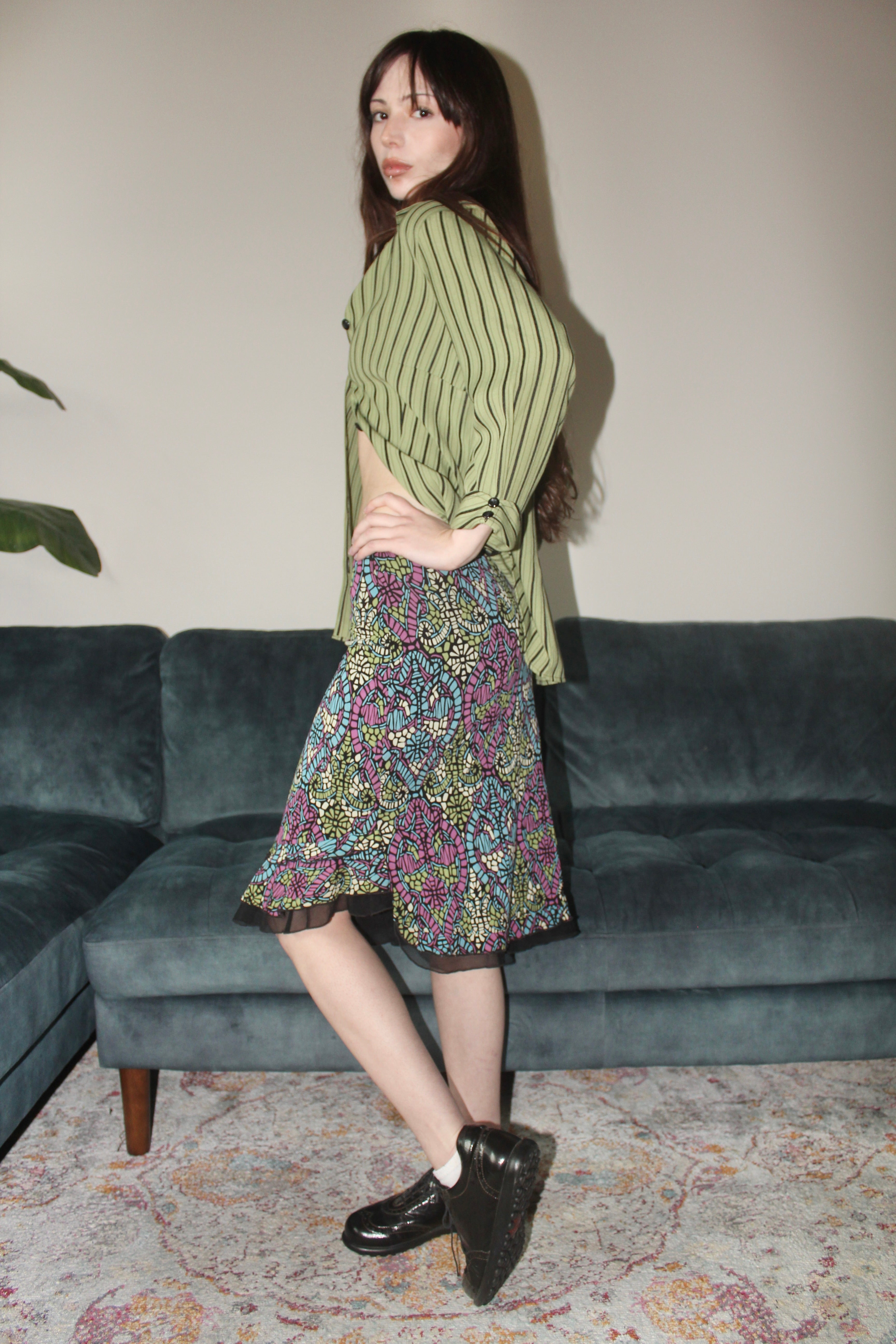 Vintage 90s Mosaic Patterned Asymmetrical Midi Skirt (S)