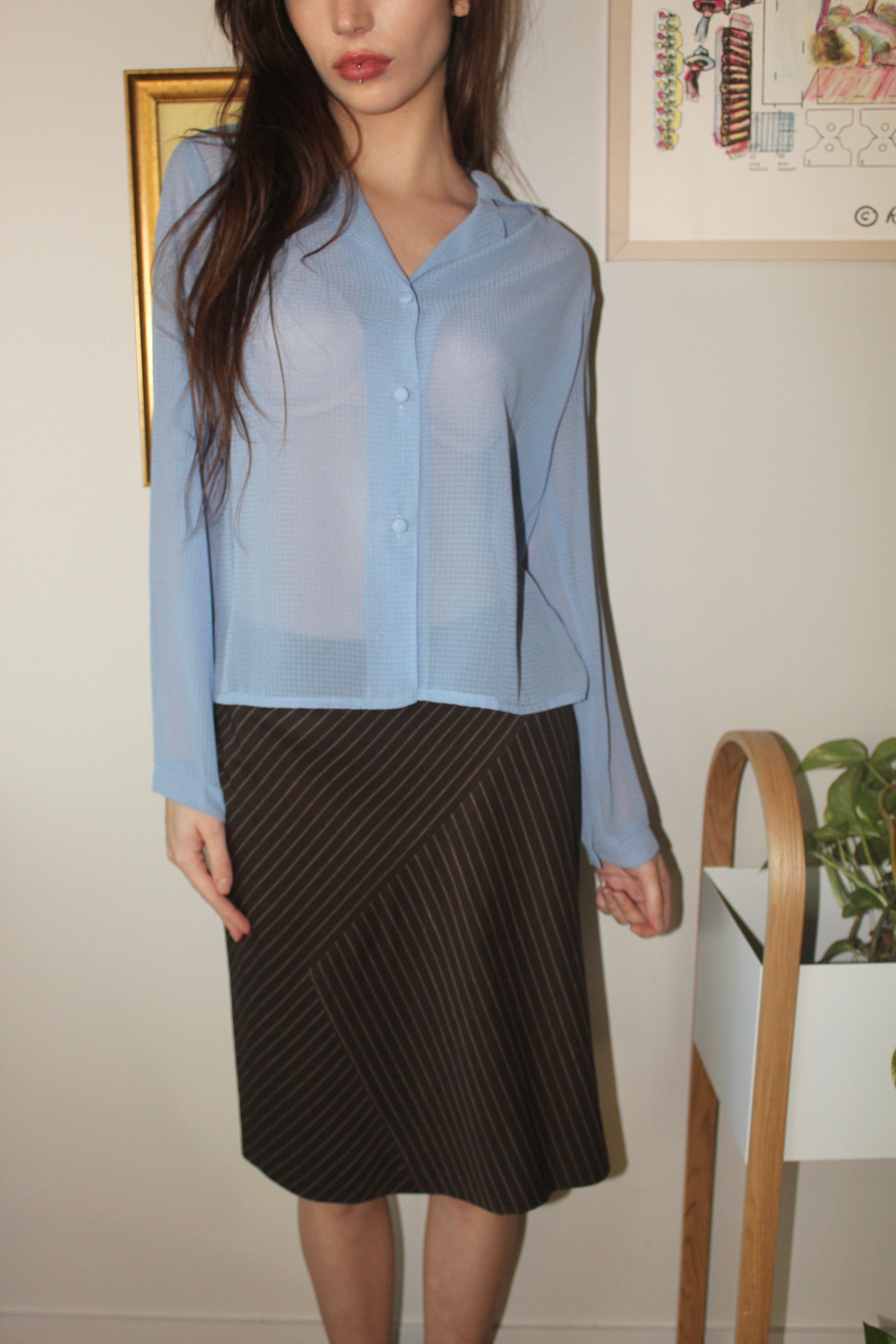 Vintage 90s Semi Sheer Periwinkle Blouse (M)