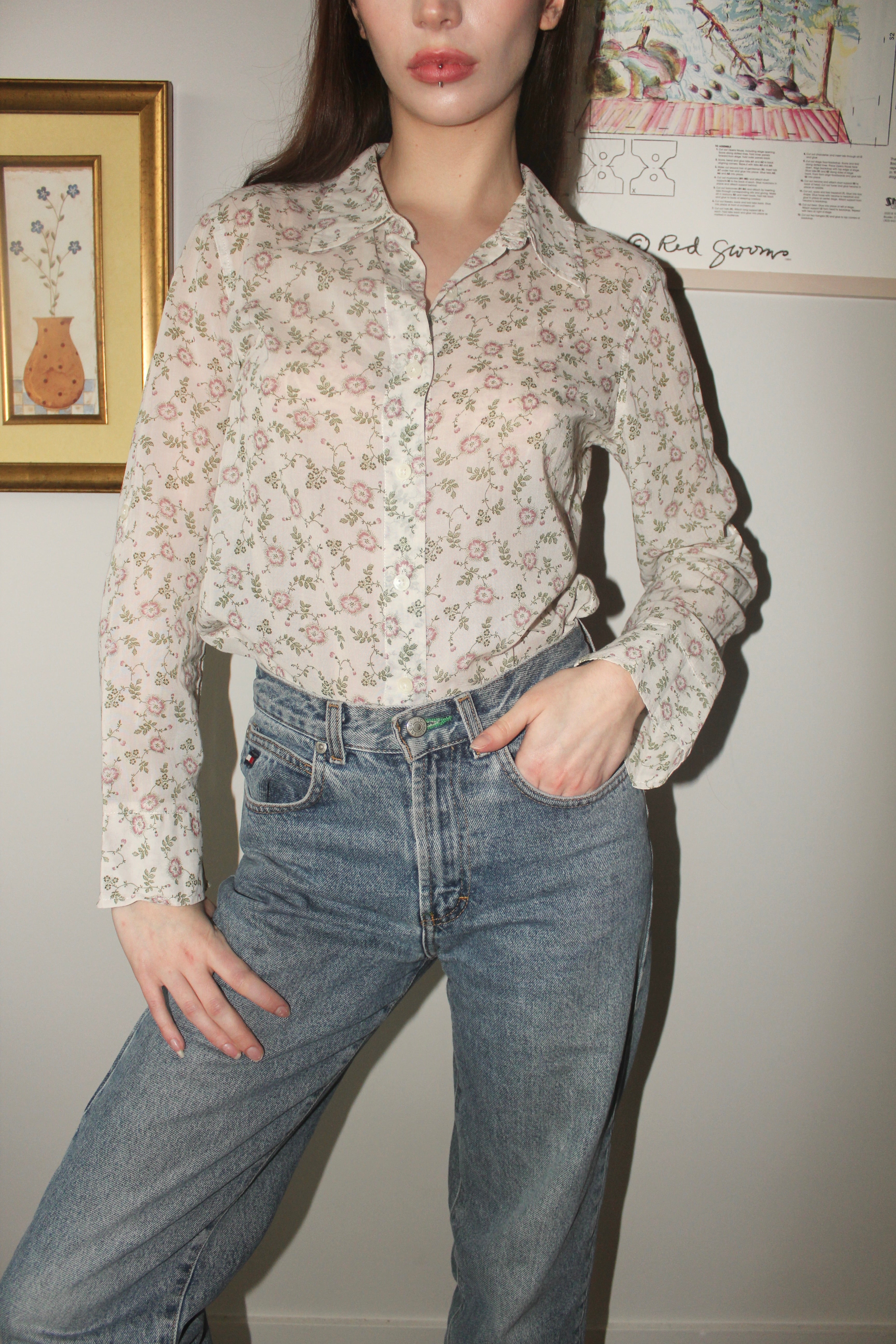 Vintage 90s Peasant Floral Button Up (S)