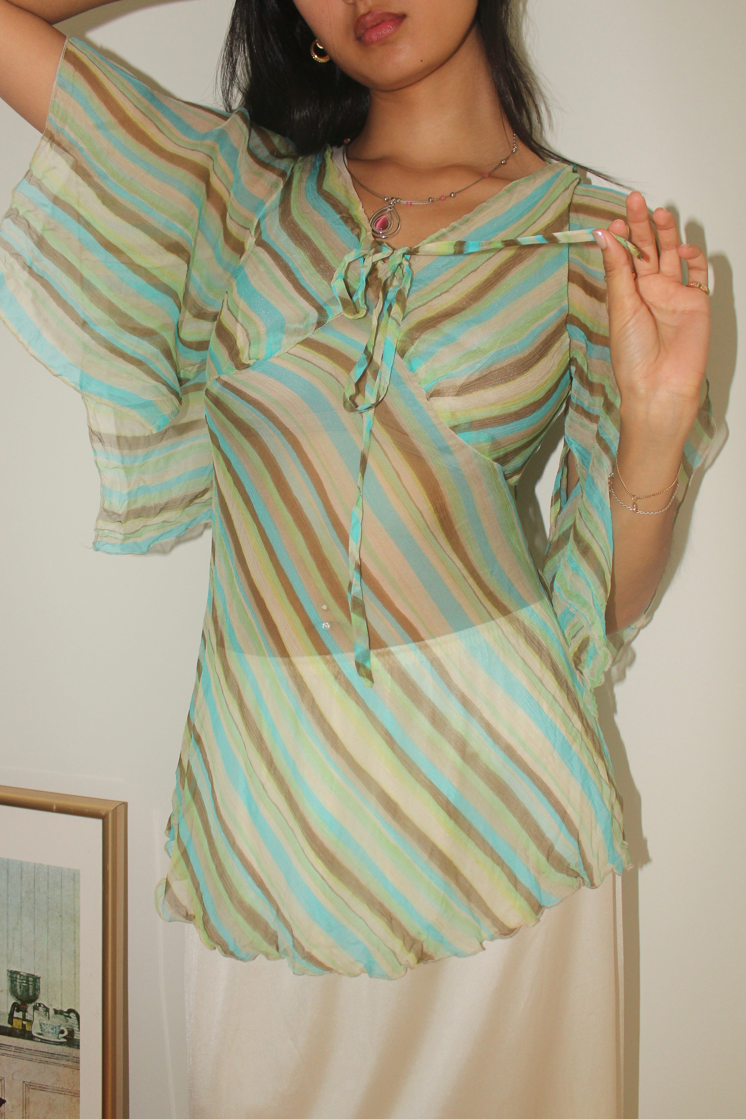 Vintage 90s Sheer Striped Silk Tie Blouse (S)