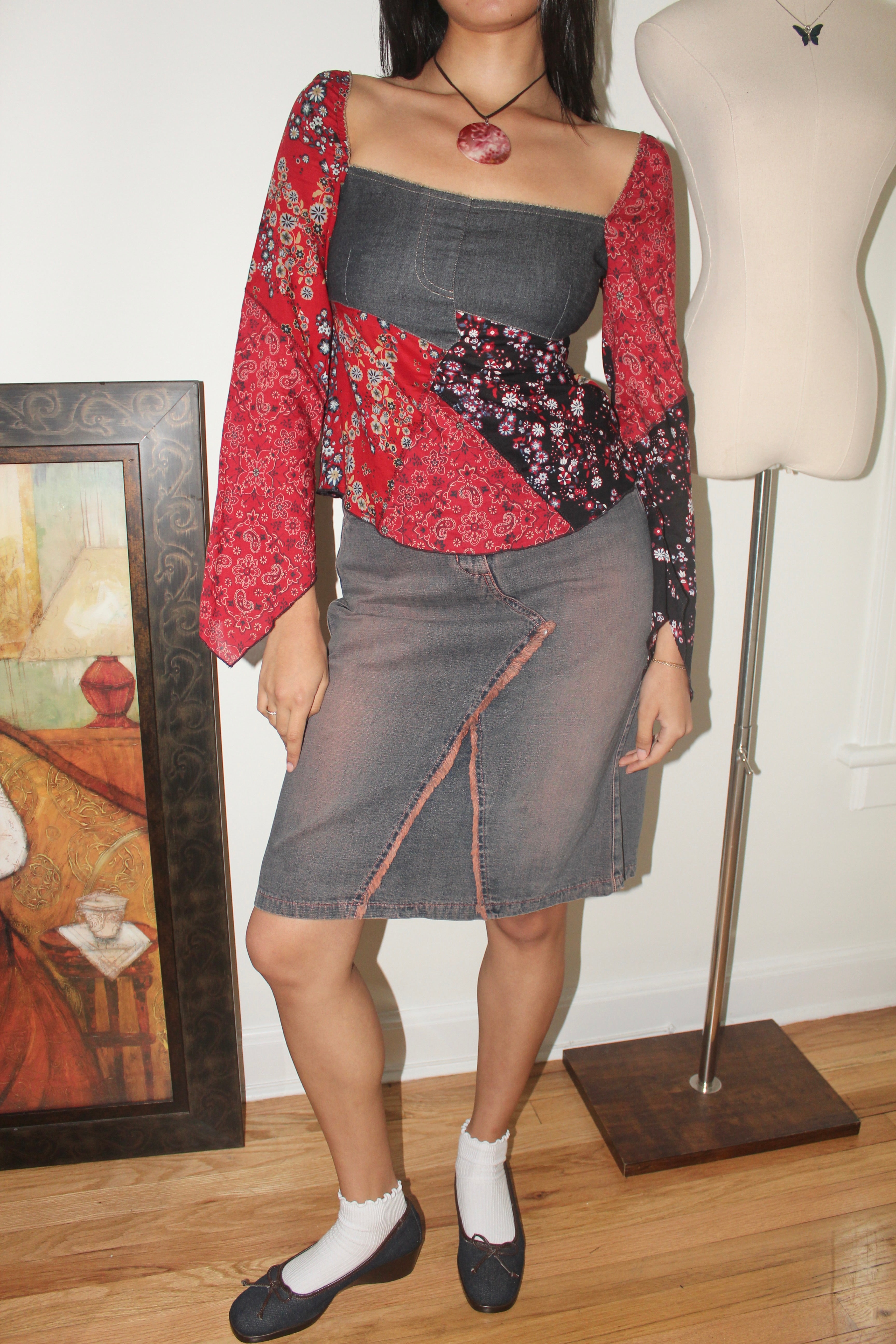 Vintage Y2K DKNY Patchwork Denim Boho Blouse (XS/S)