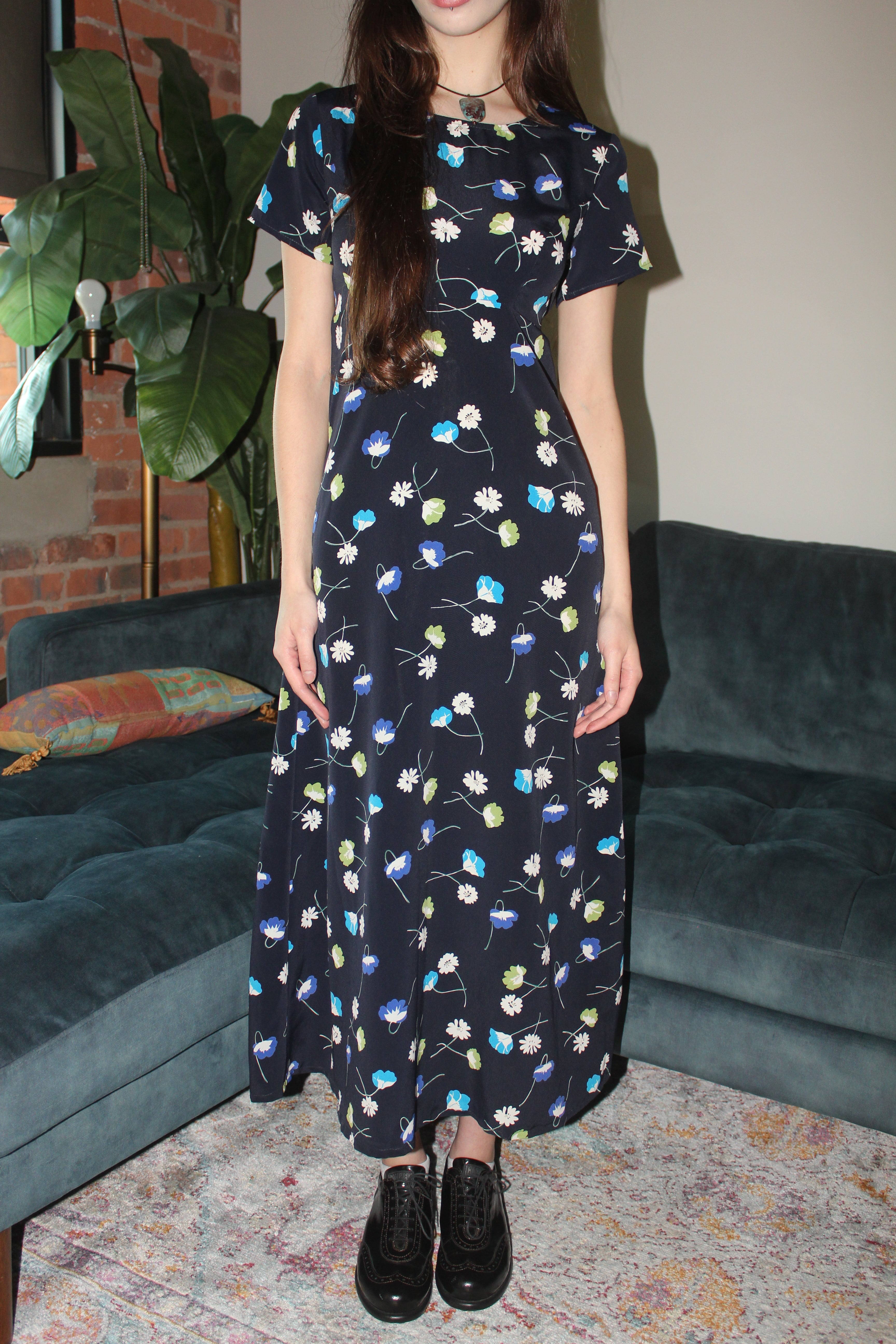 Vintage 90s Floral Tie Back Midi Dress (S)