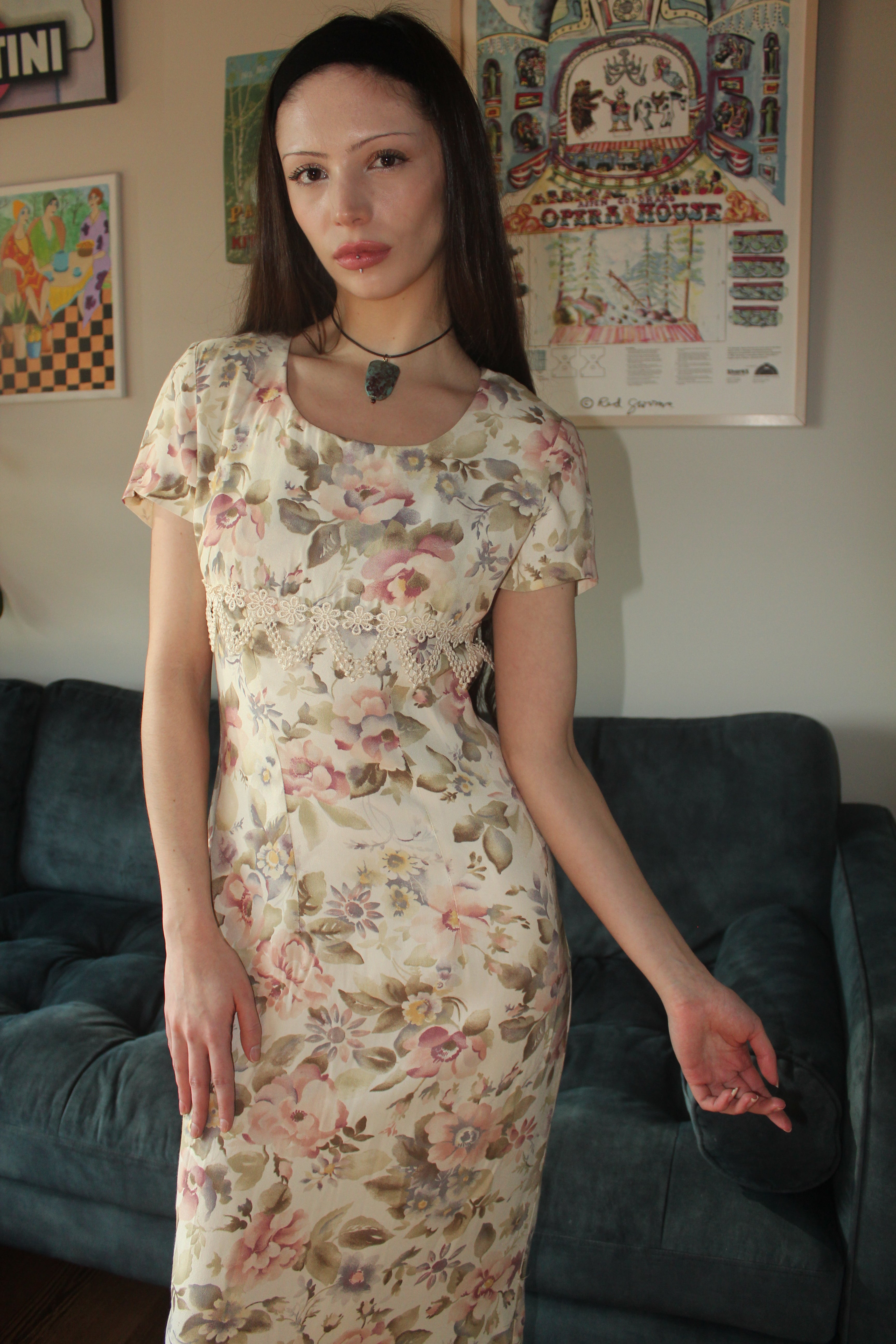 Vintage 80s Floral Prairie Midi Dress (S)