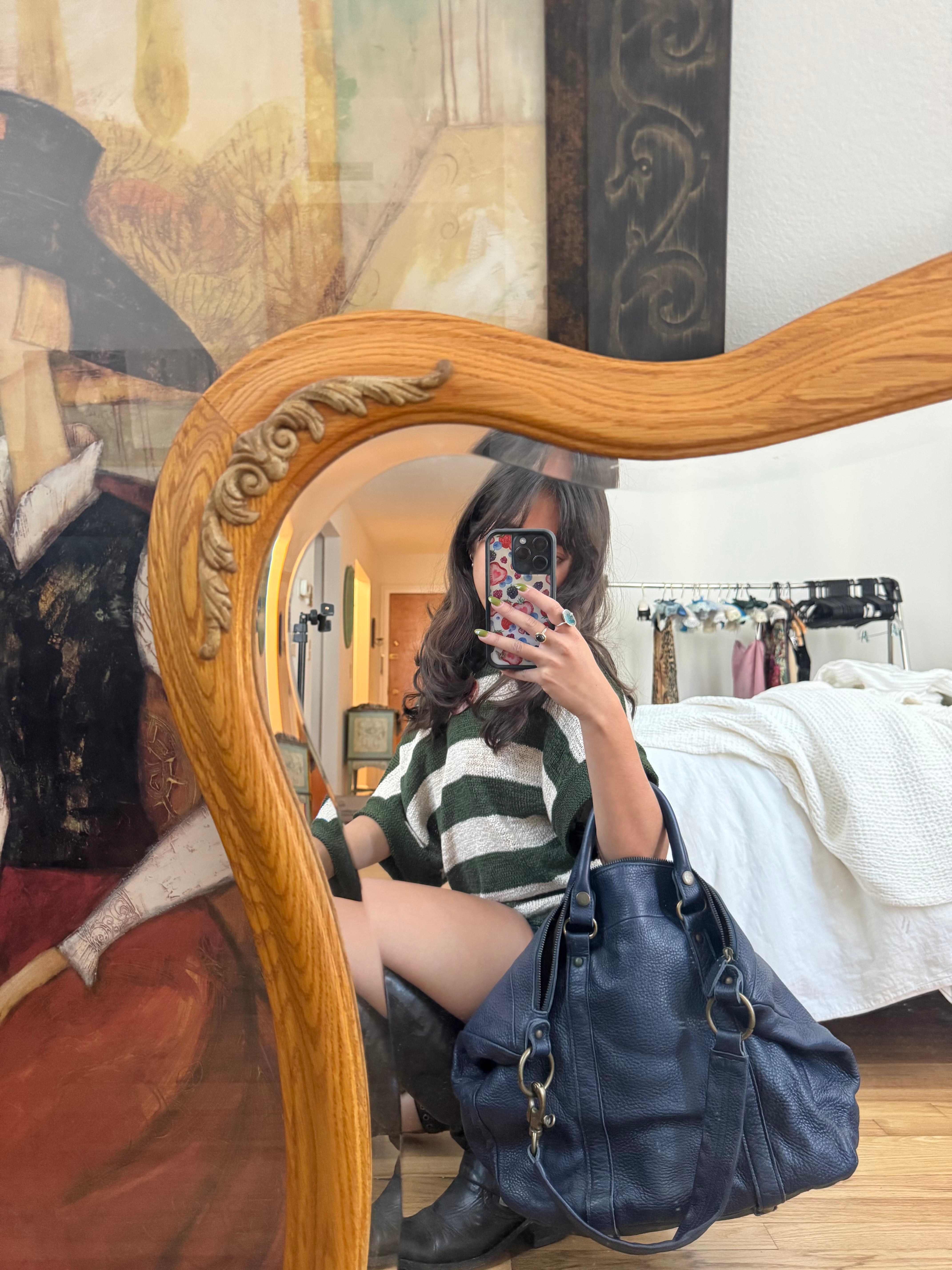Vintage 90s Oversized Navy Leather Tote