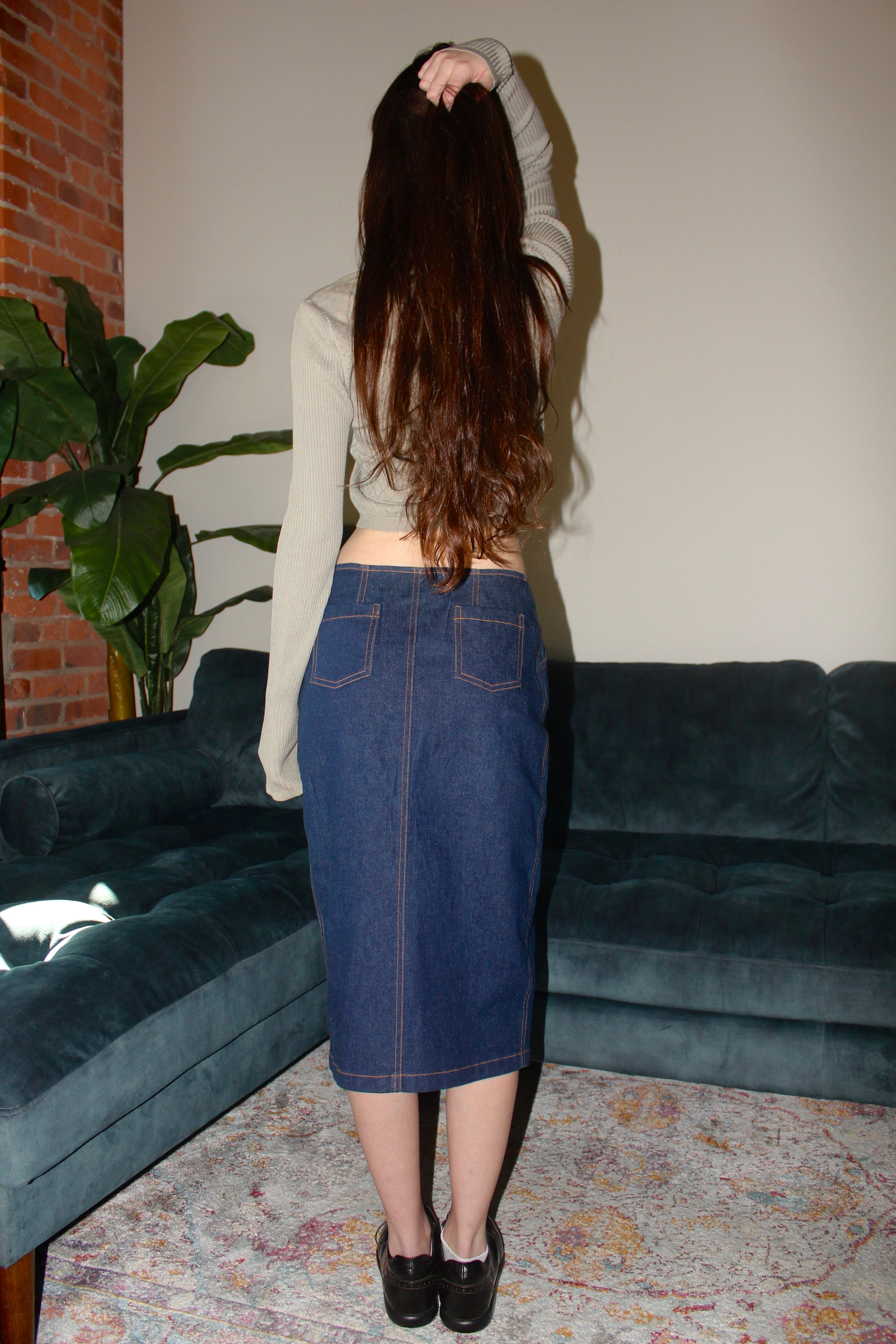 Vintage 90s Denim Midi Skirt w/ Pockets (S)