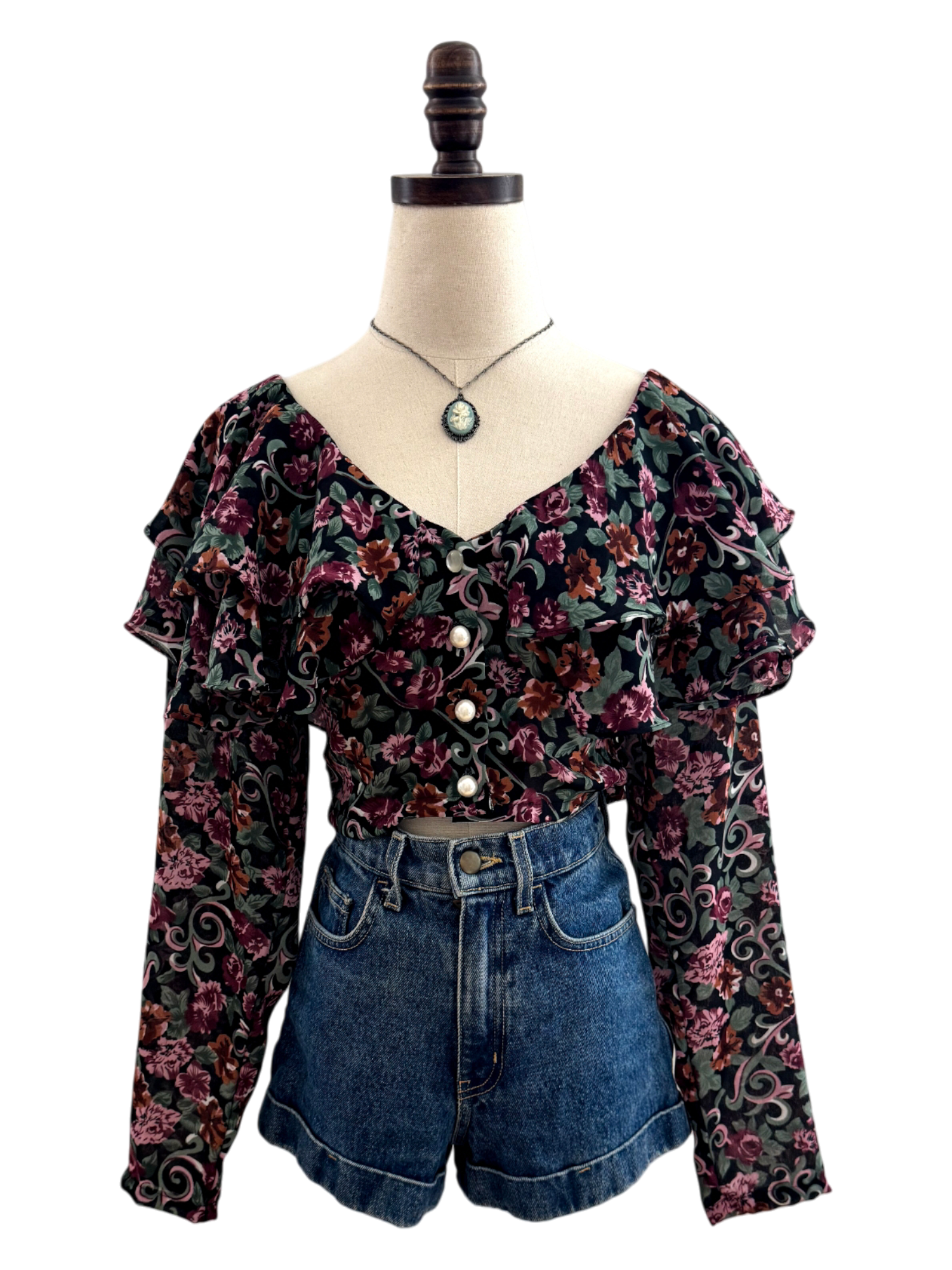 Vintage 90s Ruffled Cropped Floral Blouse (S)