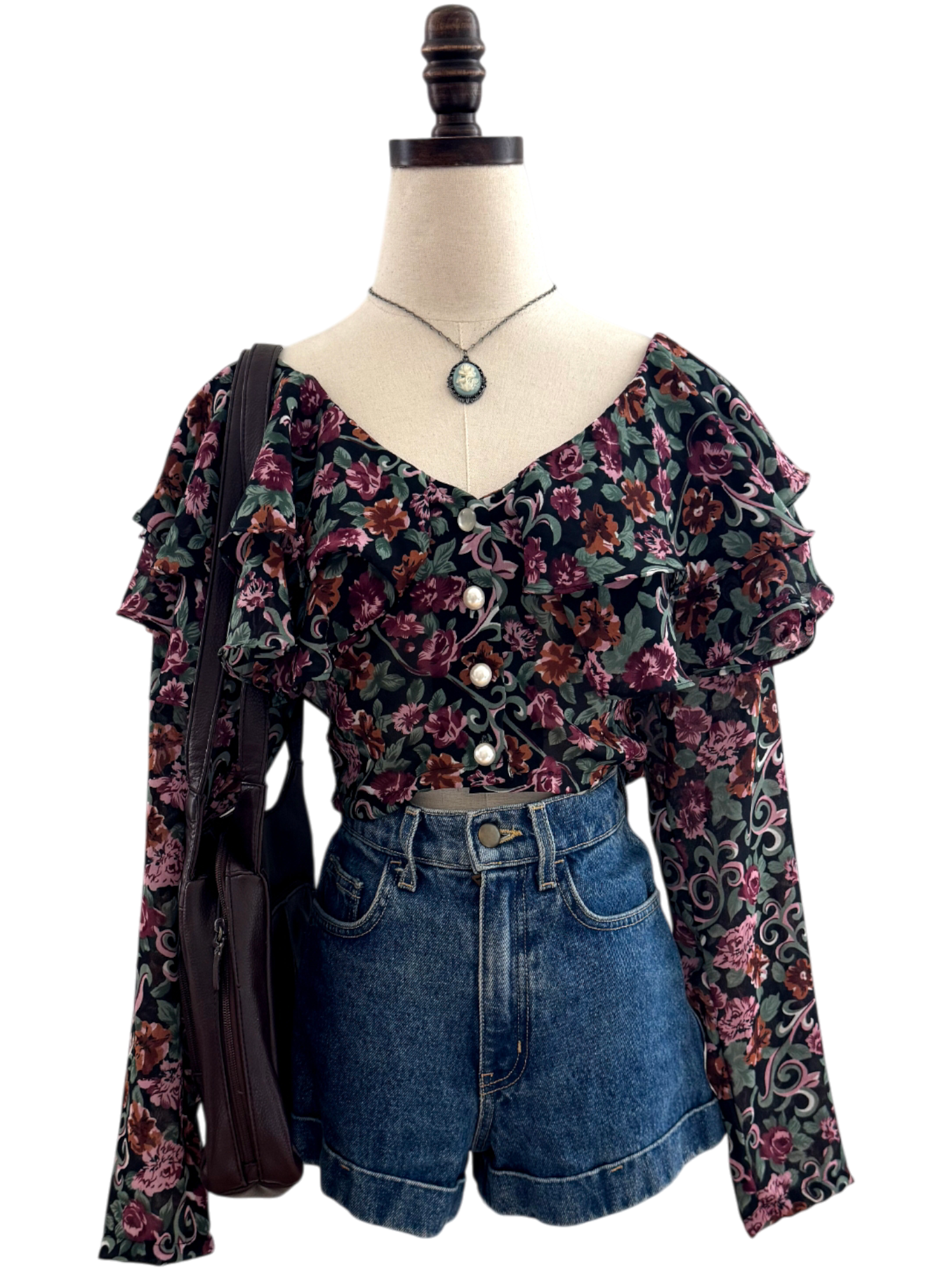 Vintage 90s Ruffled Cropped Floral Blouse (S)