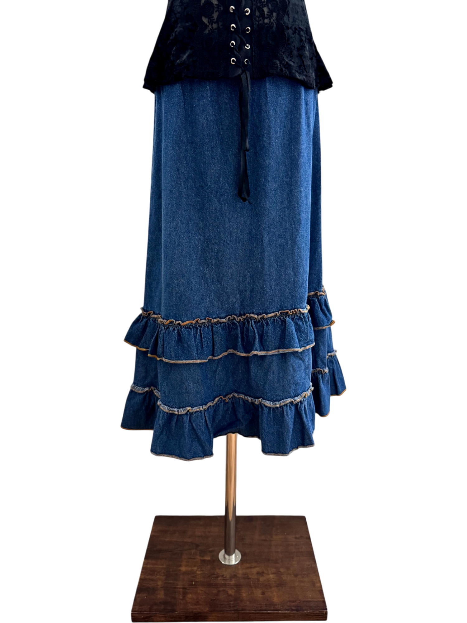 Vintage 90s Ruffled Denim Midi Skirt (M)