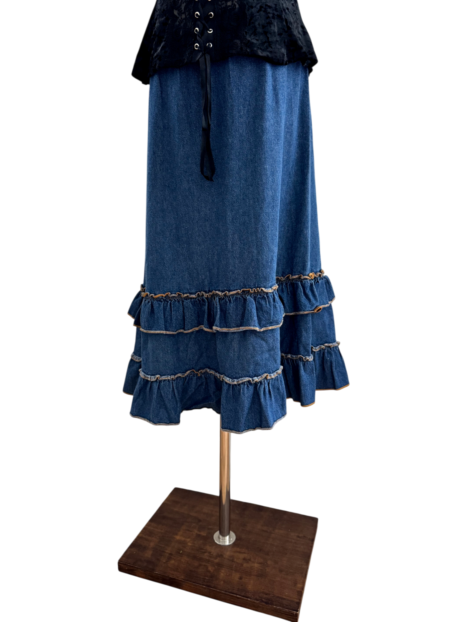 Vintage 90s Ruffled Denim Midi Skirt (M)