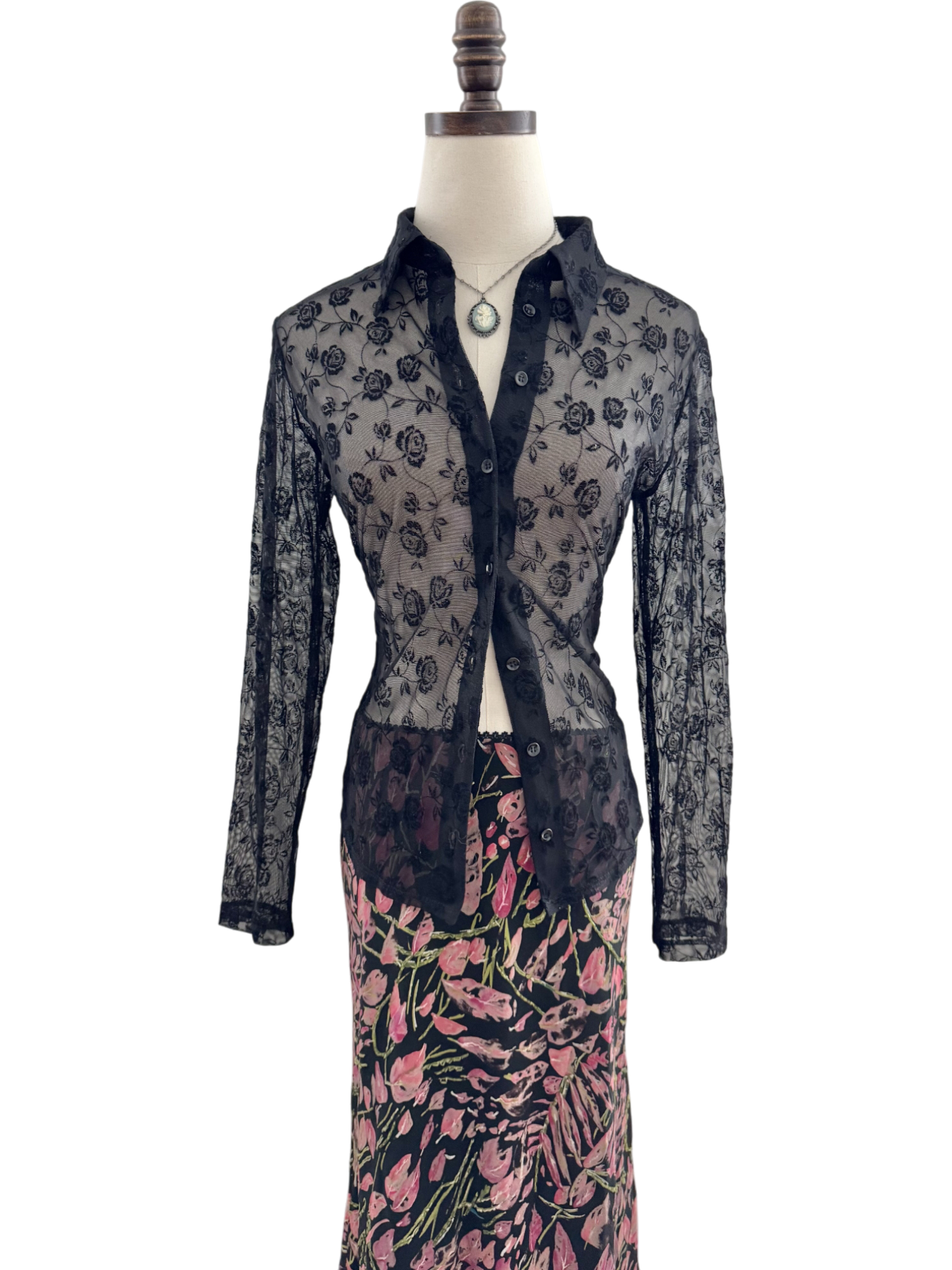 Vintage 90s BEBE Floral Mesh Button Up (M)