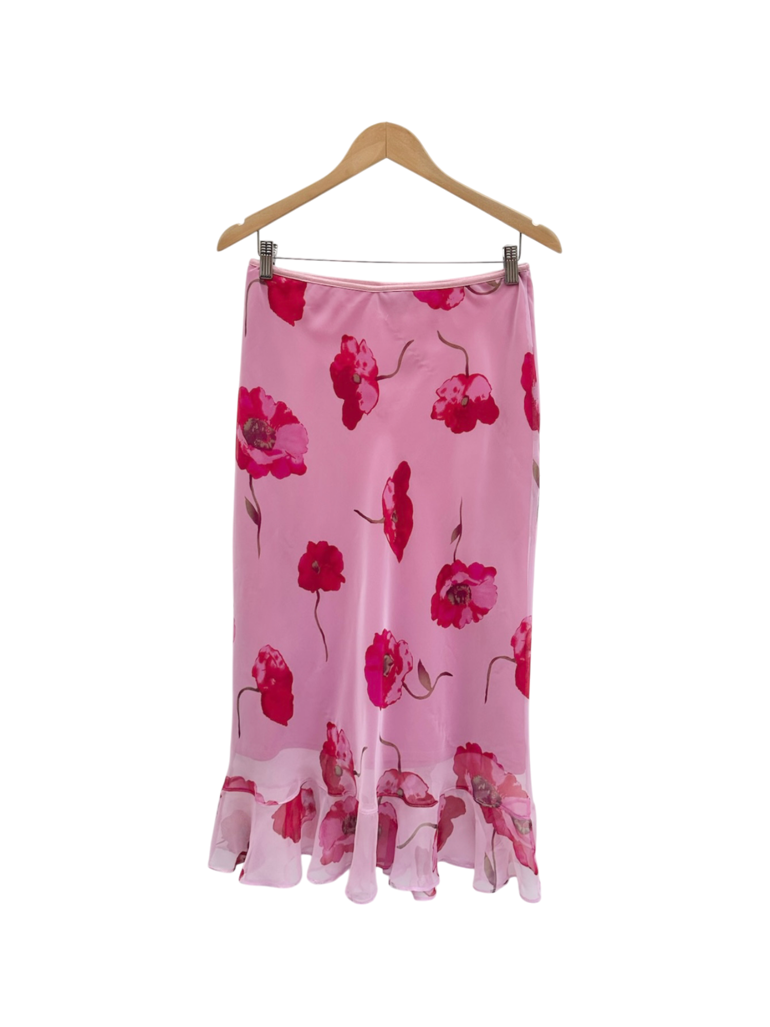 Vintage 90s Cherry Pink Floral Ruffled Midi Skirt (M)