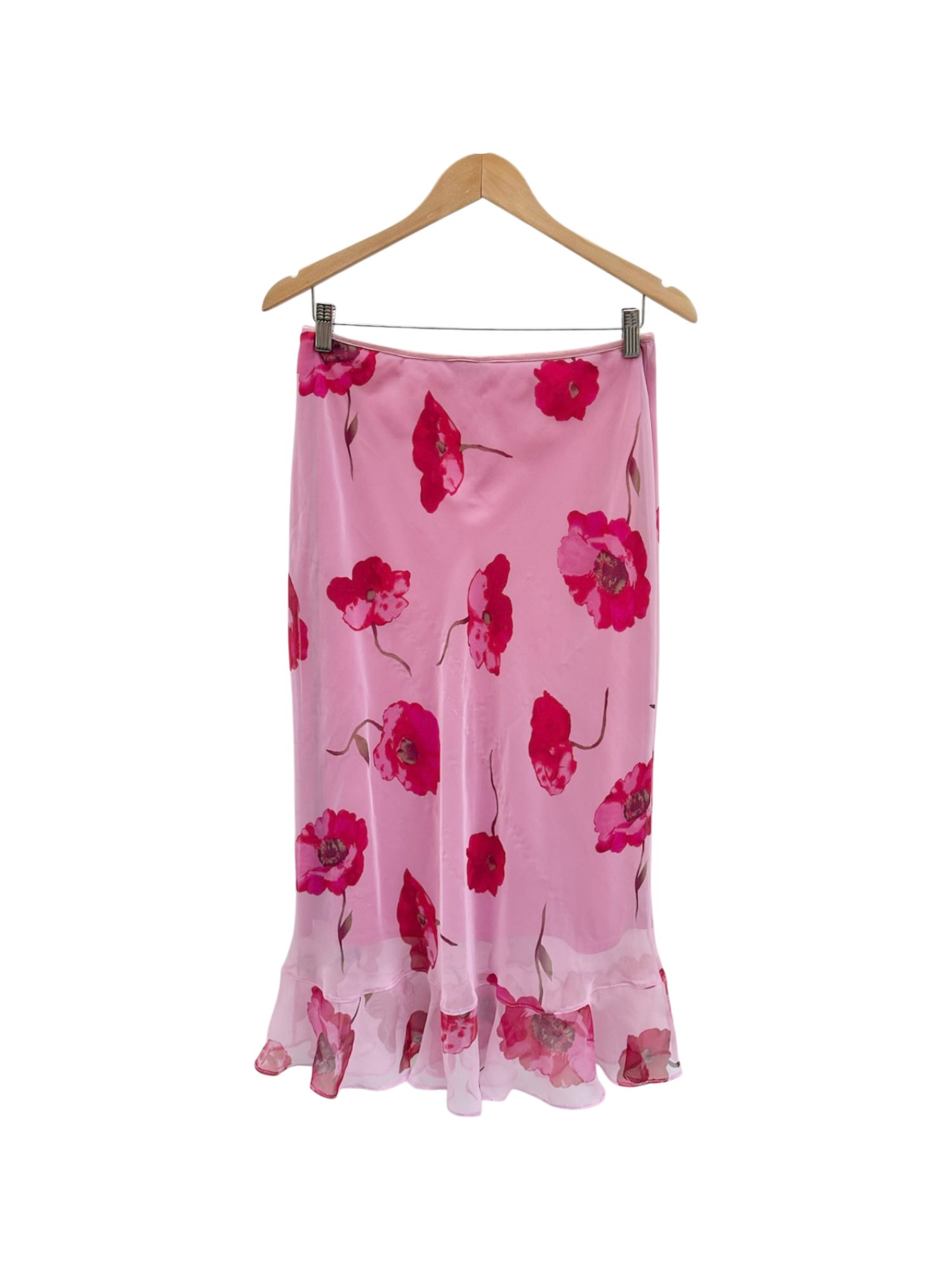 Vintage 90s Cherry Pink Floral Ruffled Midi Skirt (M)