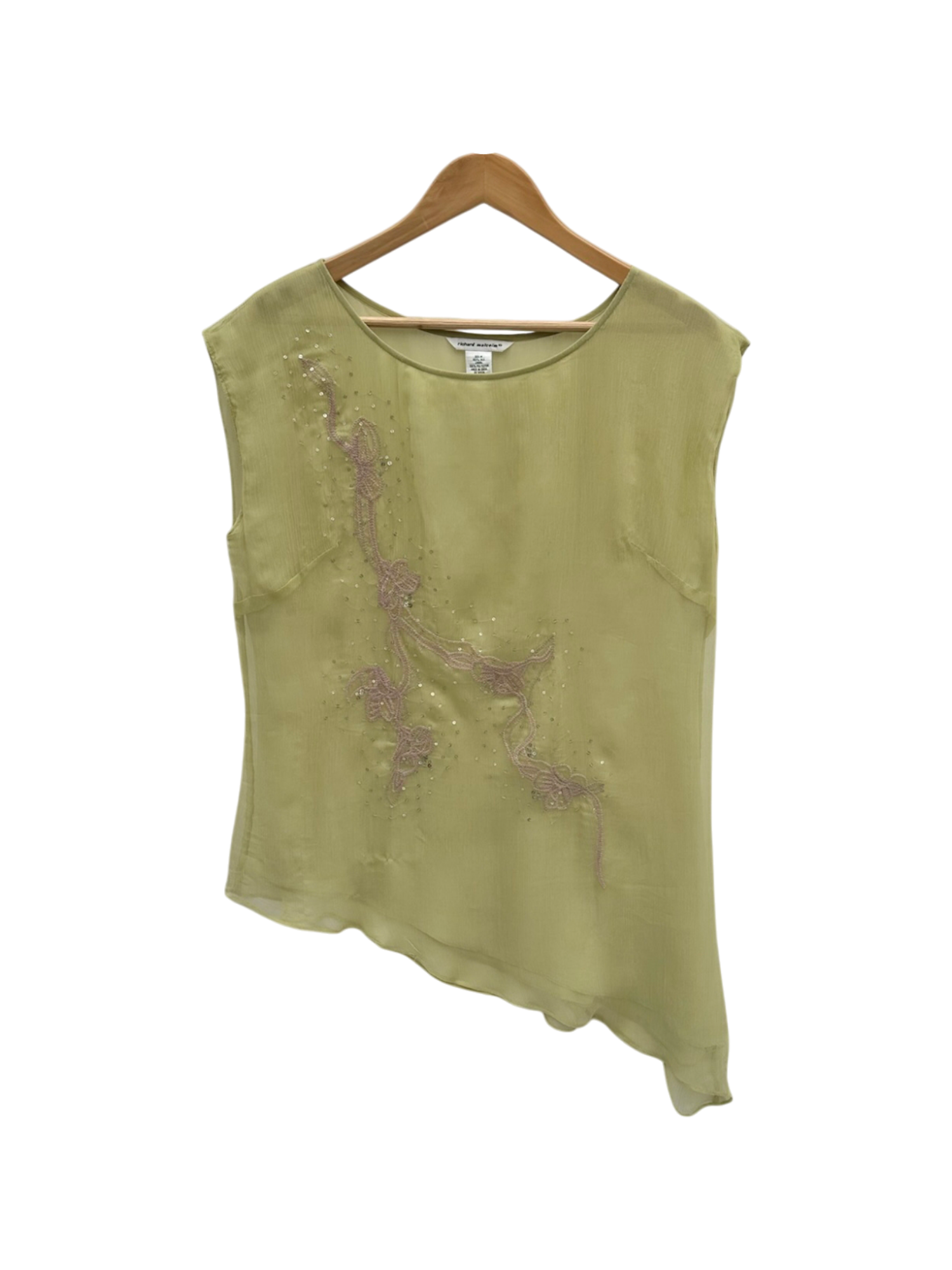 Vintage 90s Asymmetrical Silk Avocado Beaded Top (M/L)