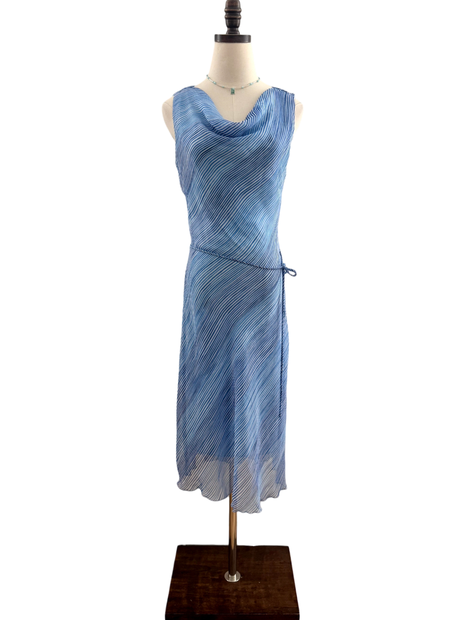 Vintage 90s Striped Cowl Neck Midi Dress w/ Tie (S/M)
