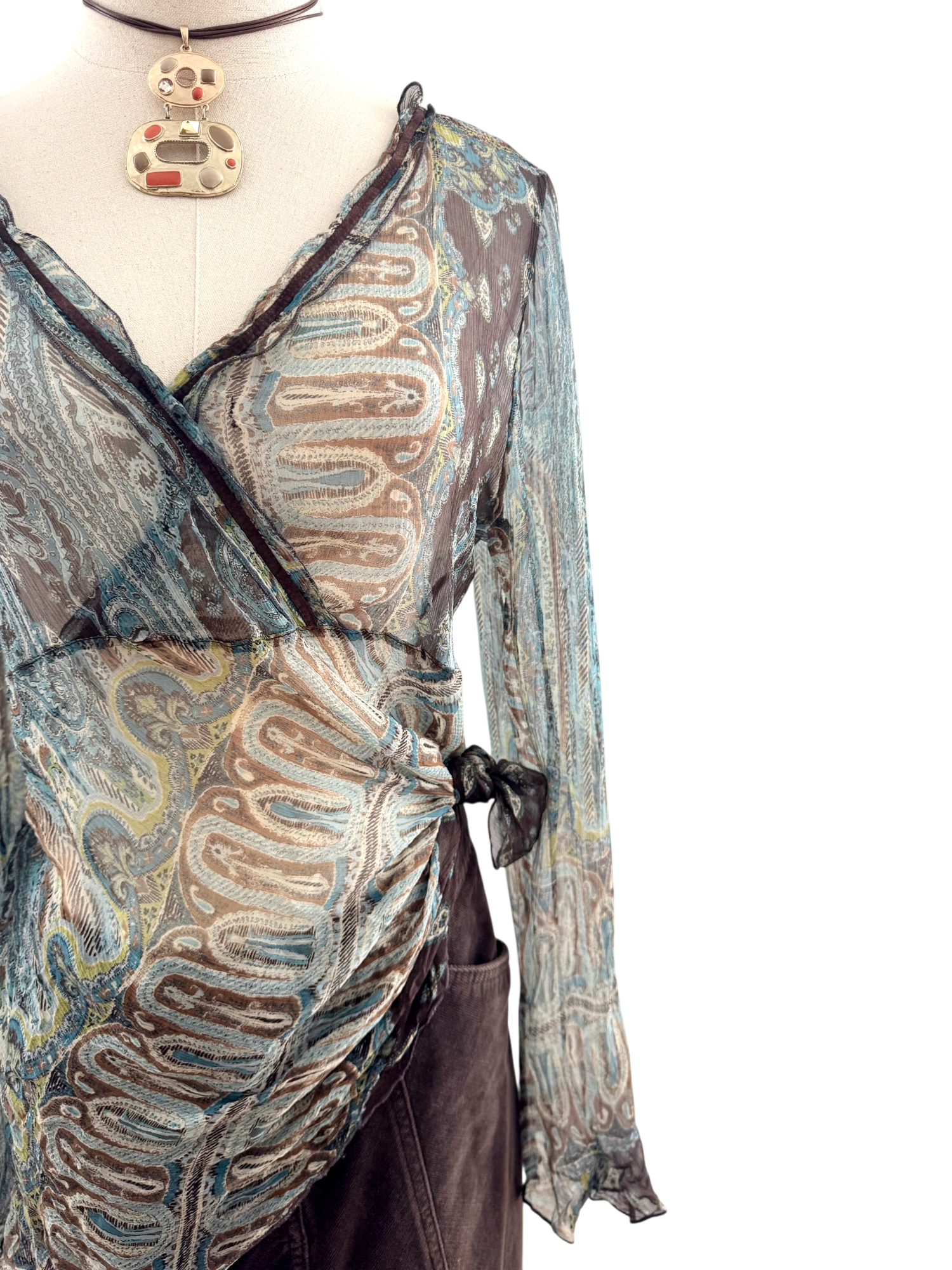 Vintage 90s Sheer Silk Printed Blouse (M)