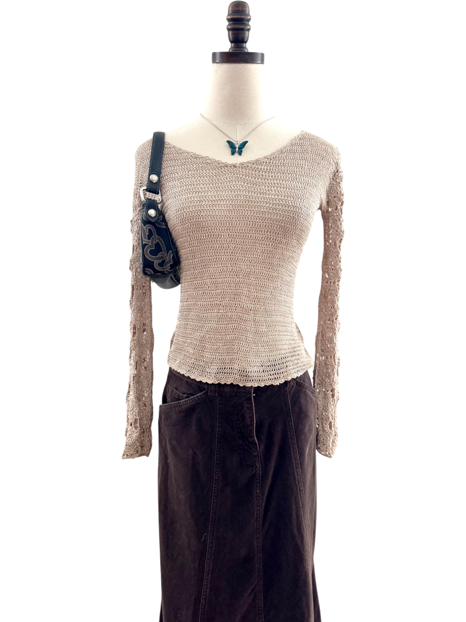 Vintage 90s Crochet Sleeve Taupe Knit (S)