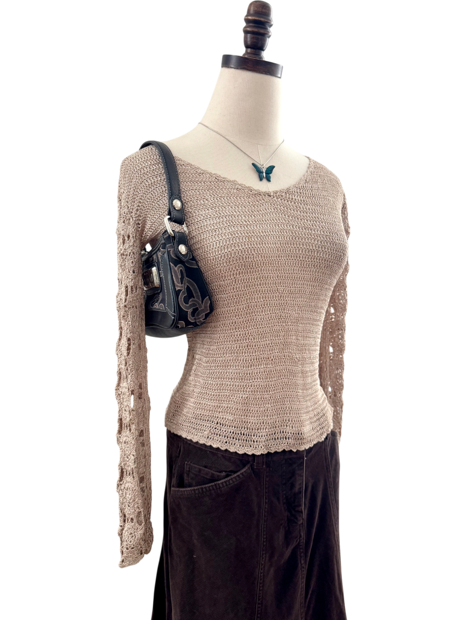 Vintage 90s Crochet Sleeve Taupe Knit (S)