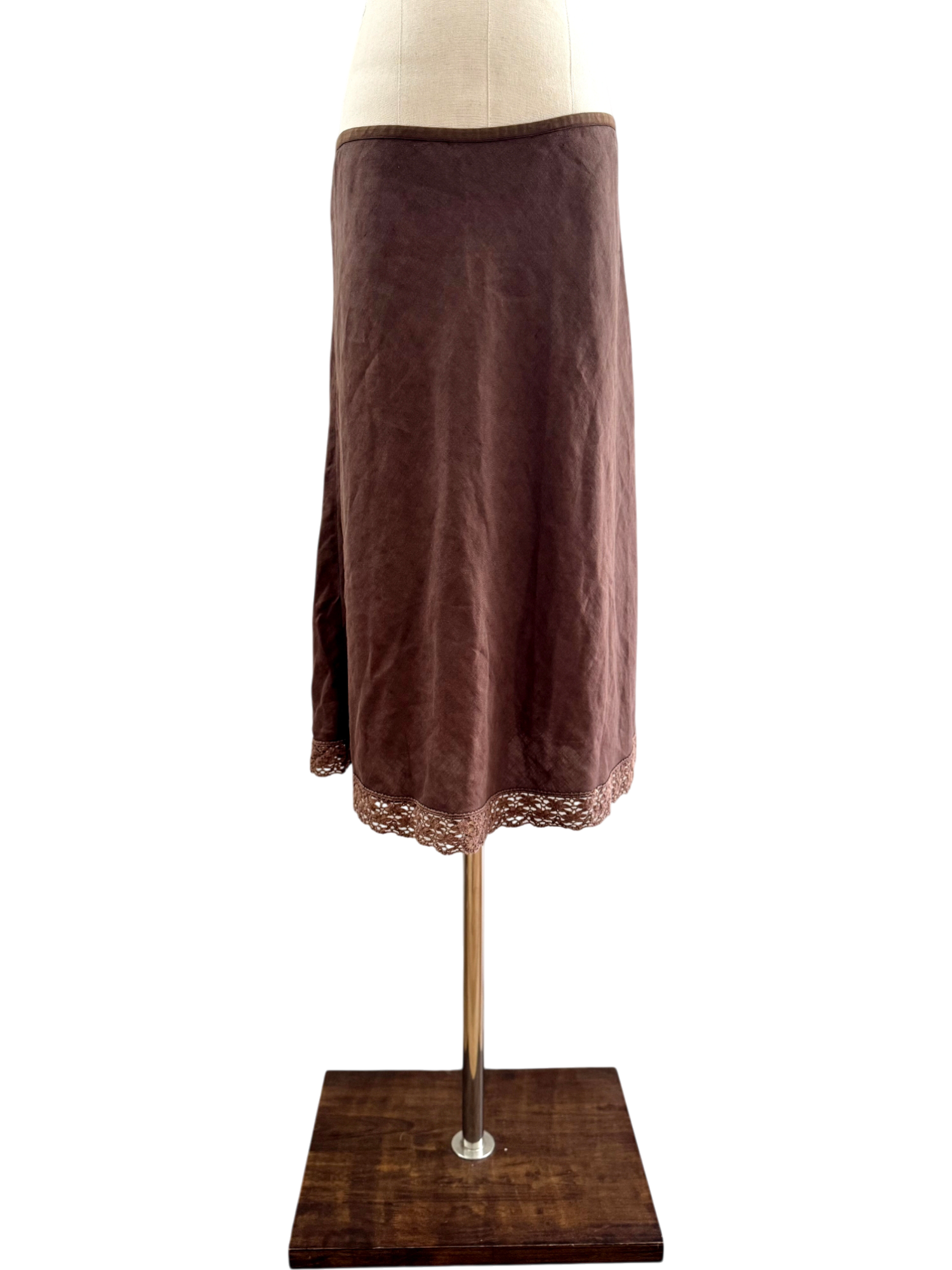 Vintage 90s Linen Chocolate Lace Midi Skirt (M)