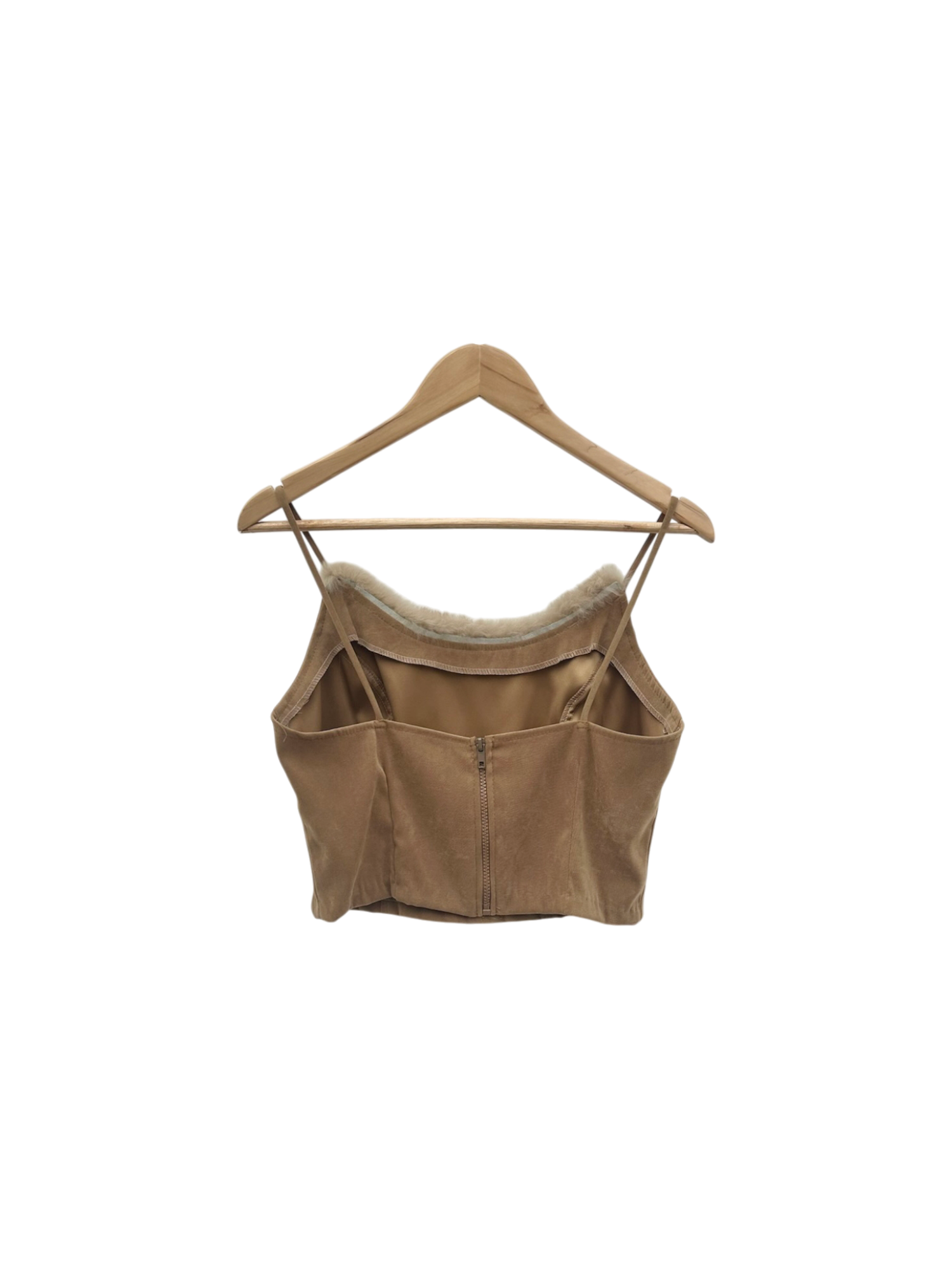 Vintage 90s Retro Fur Trimmed Tan Suede Cropped Cami (M/L)