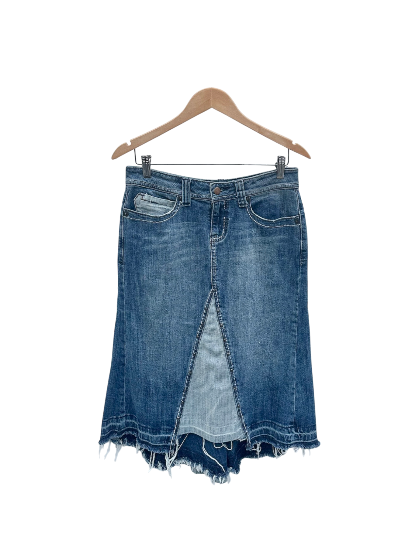 Vintage 90s Low Waist Raw Denim Midi Skirt (M)