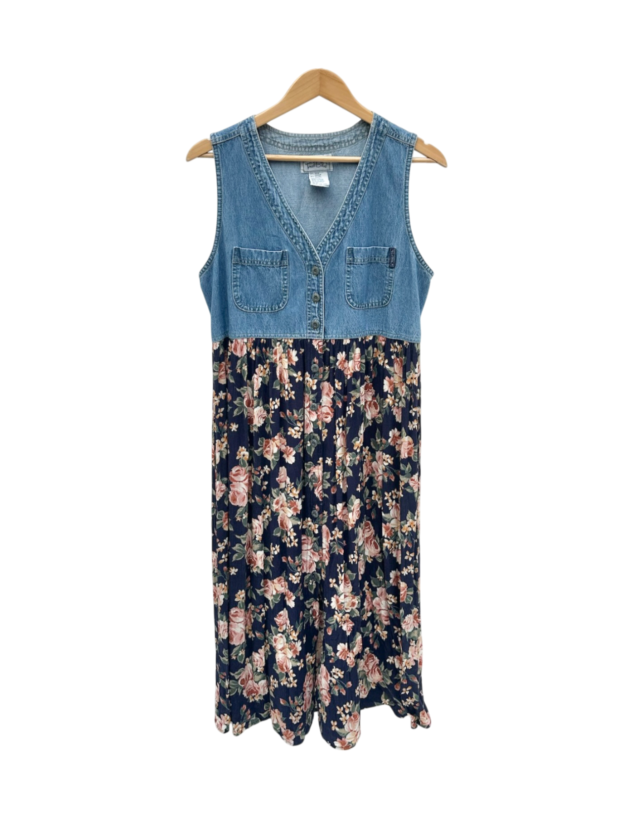 Vintage 90s Denim Floral Tie Midi Dress (M)