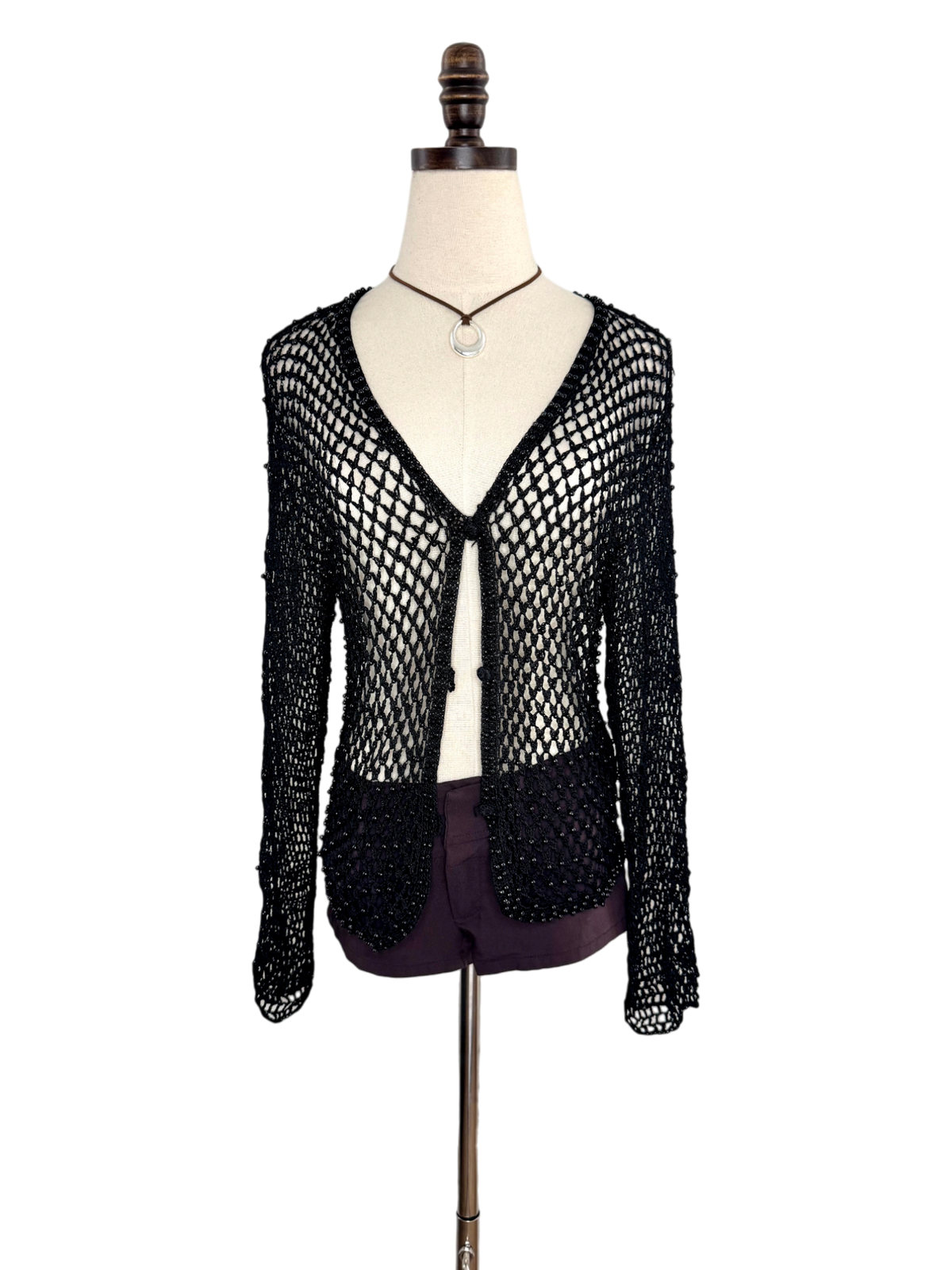 【Vintage】90s 00s Vneck Black Knit Vintage 90s Black Open-Knit Cardigan (M) | ThreeDays-AWeek