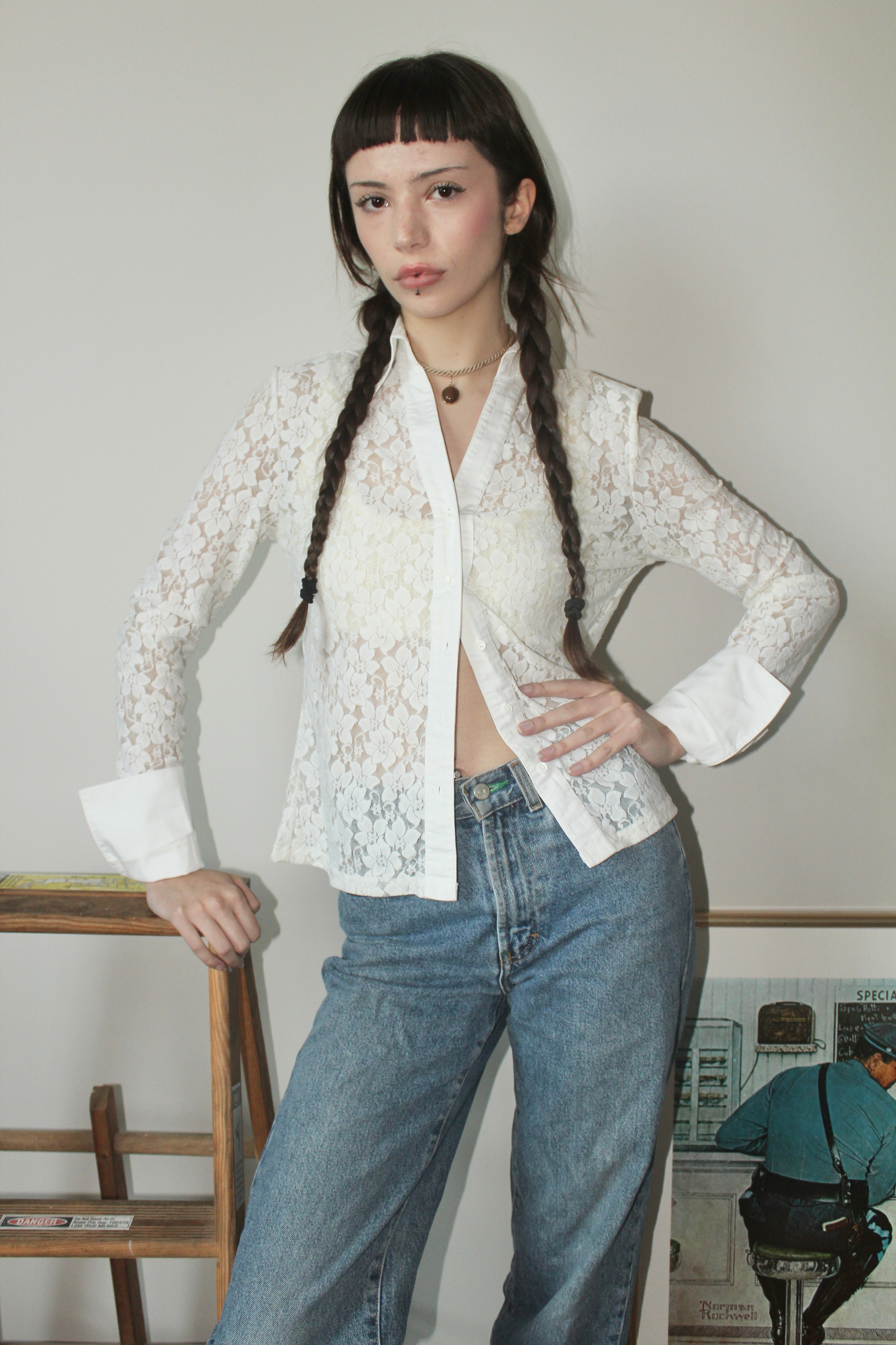 Vintage 90s Sheer Lace Button Up (S)