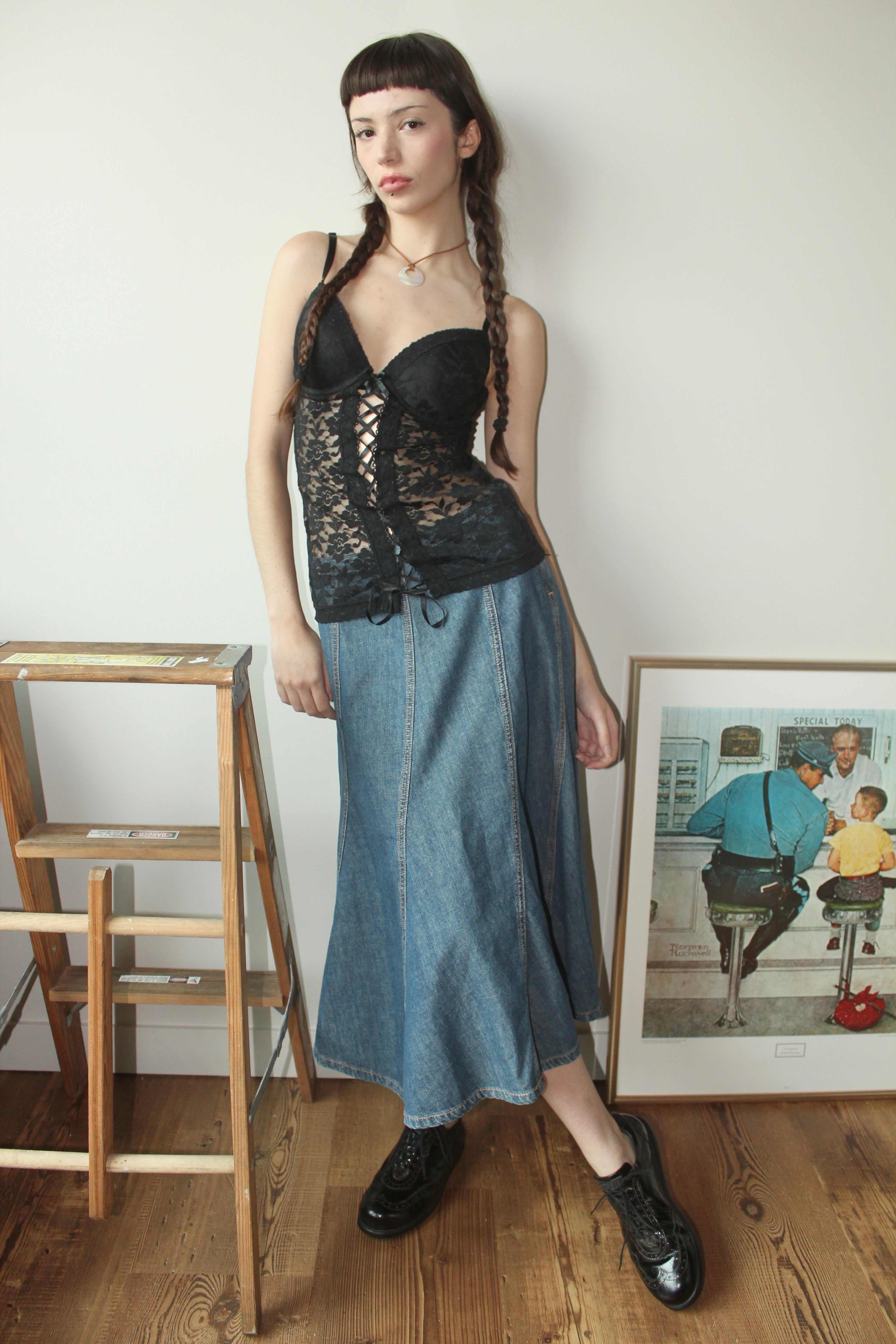 Vintage 90s Low Waist Denim Midi Skirt (S)