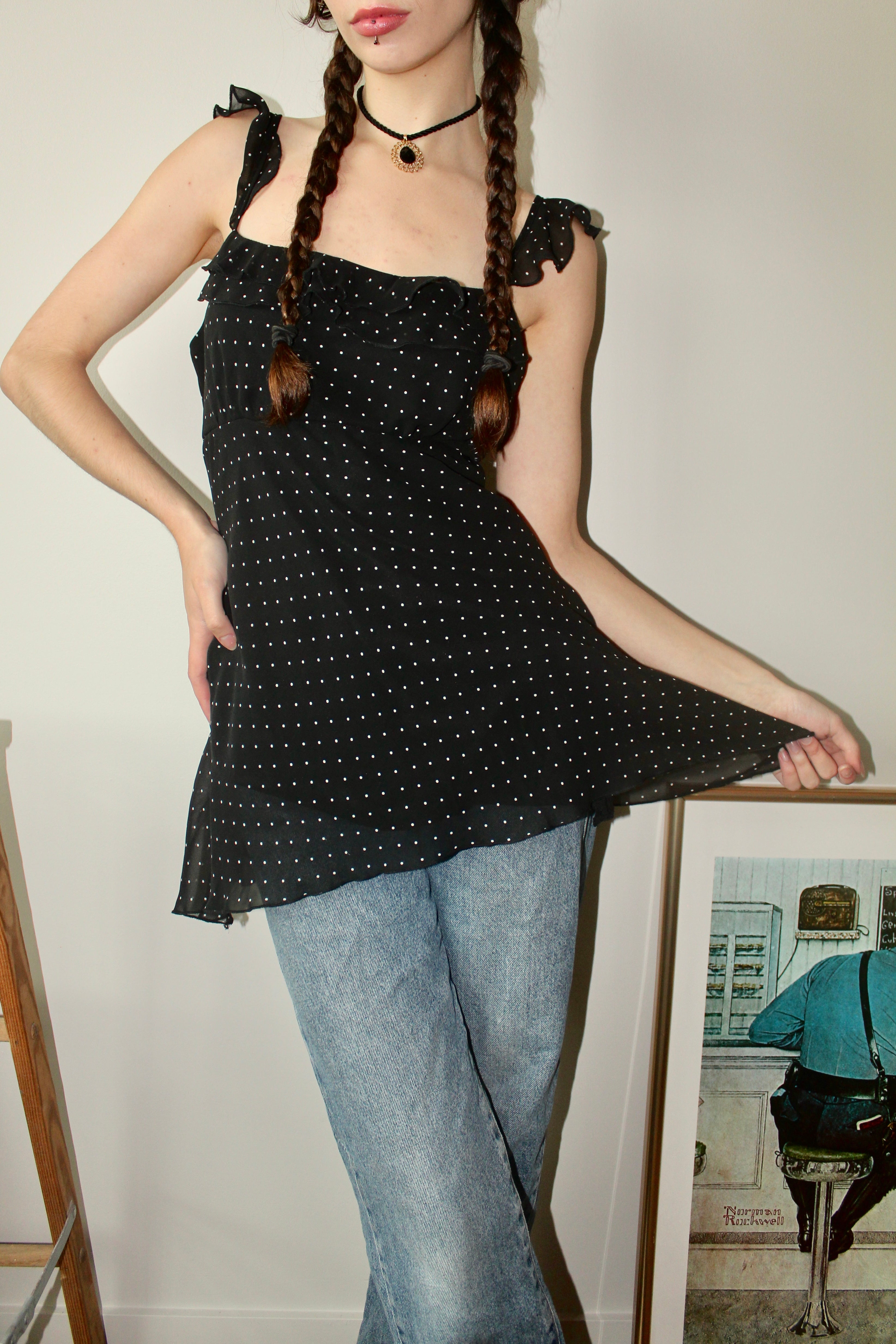 Vintage 90s Dotted Tie Back Flutter Top (M)