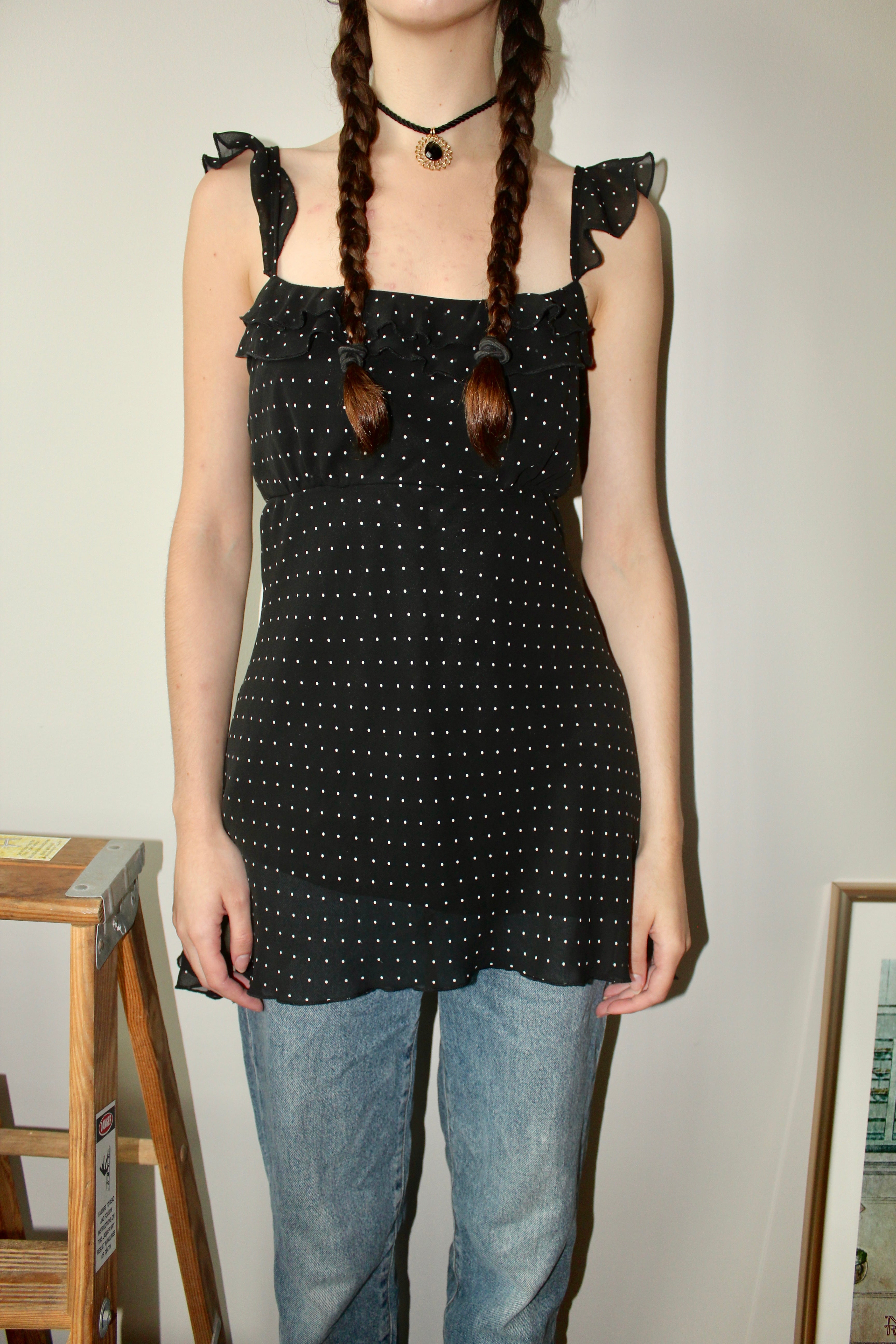 Vintage 90s Dotted Tie Back Flutter Top (M)