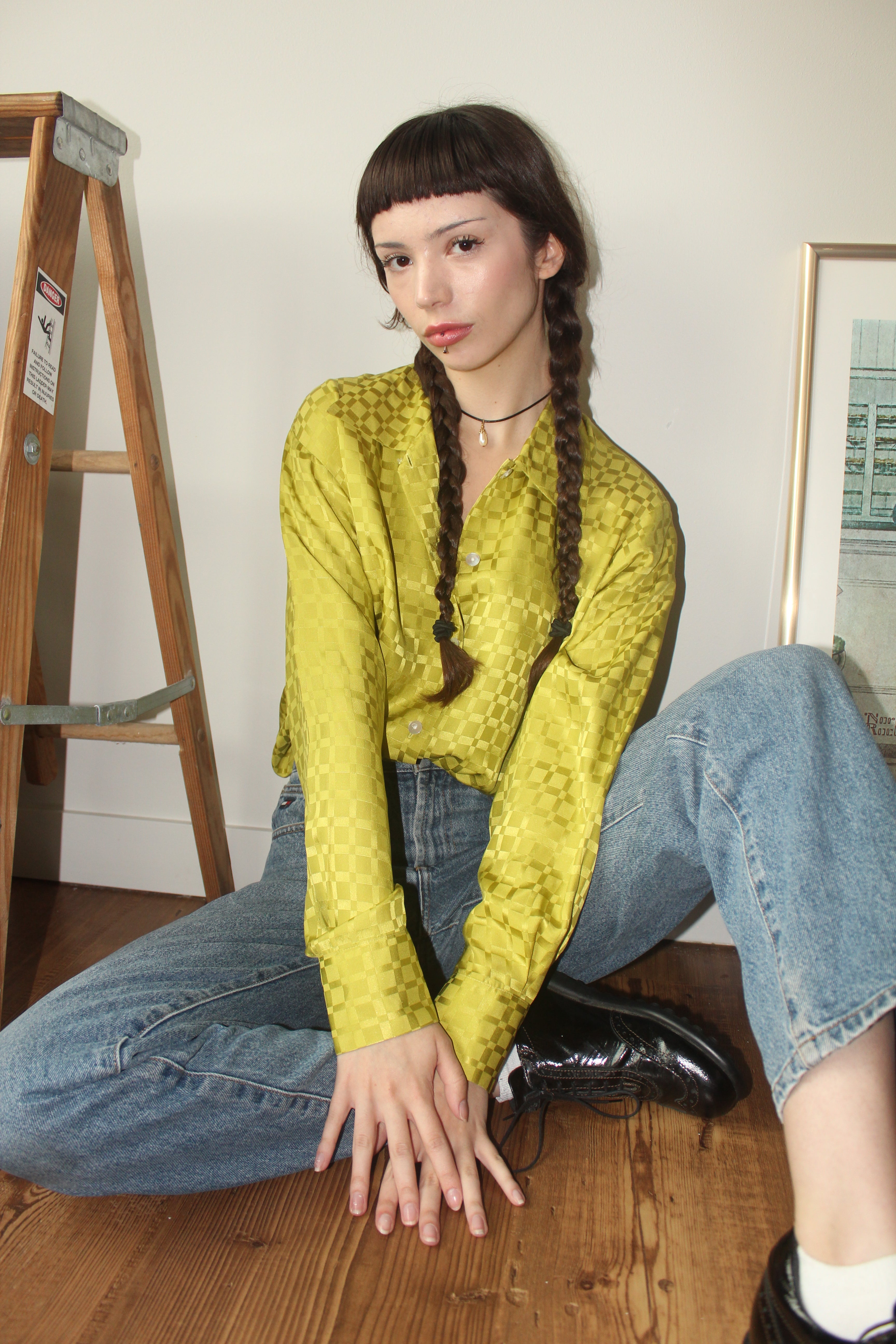 Vintage 90s Checkered Silk Blouse (L)