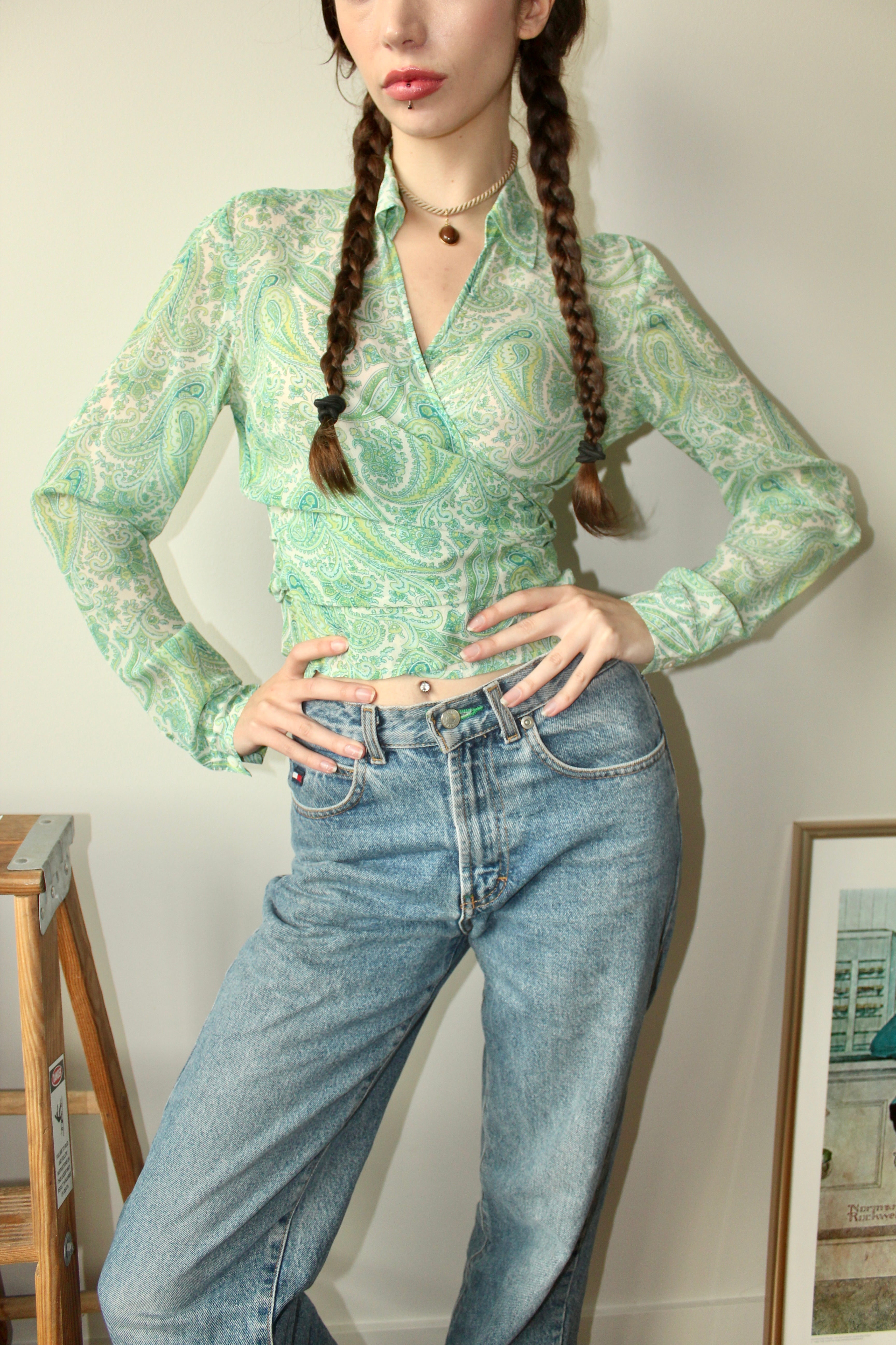 Vintage Sheer Silk Wrap Blouse (S)