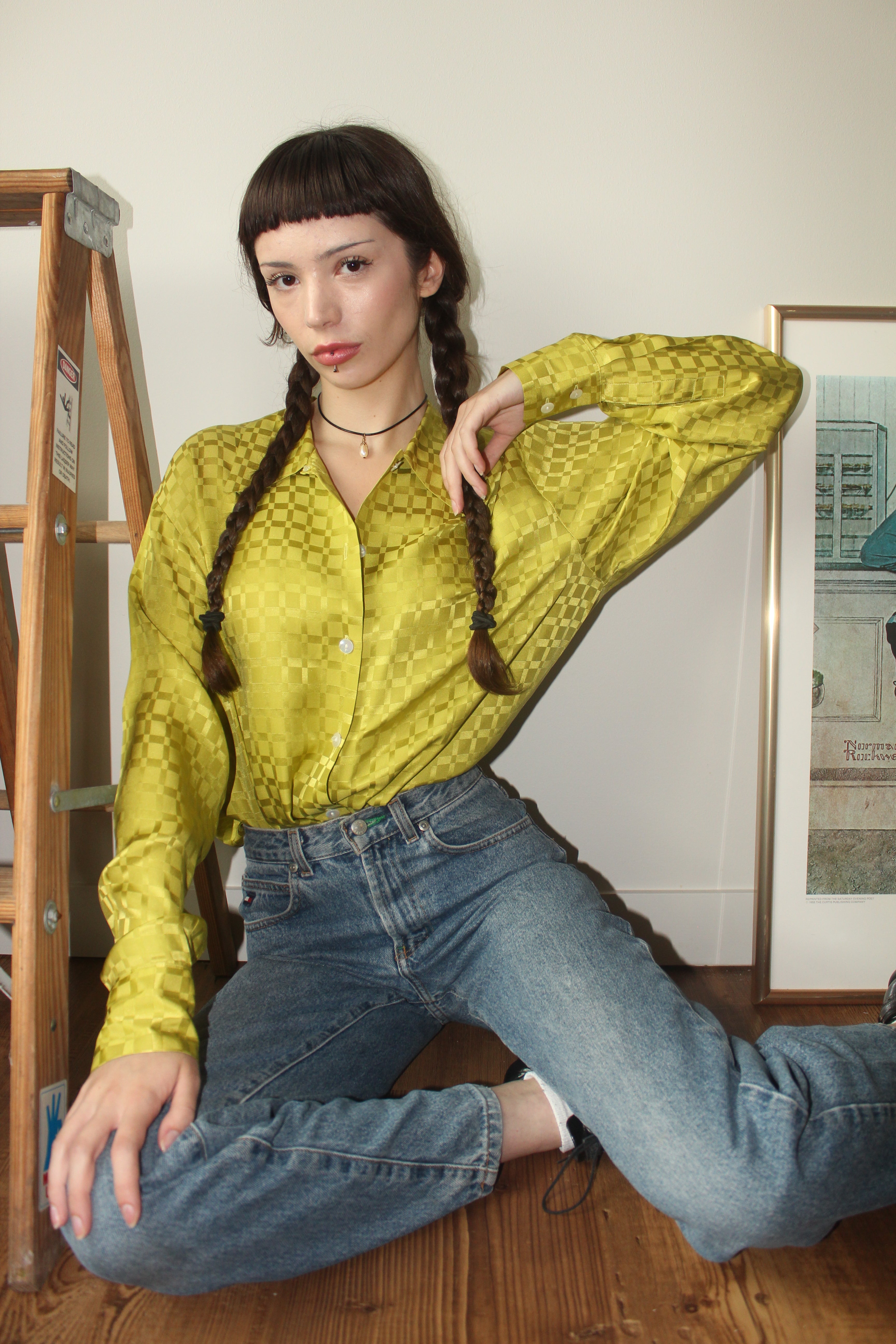 Vintage 90s Checkered Silk Blouse (L)
