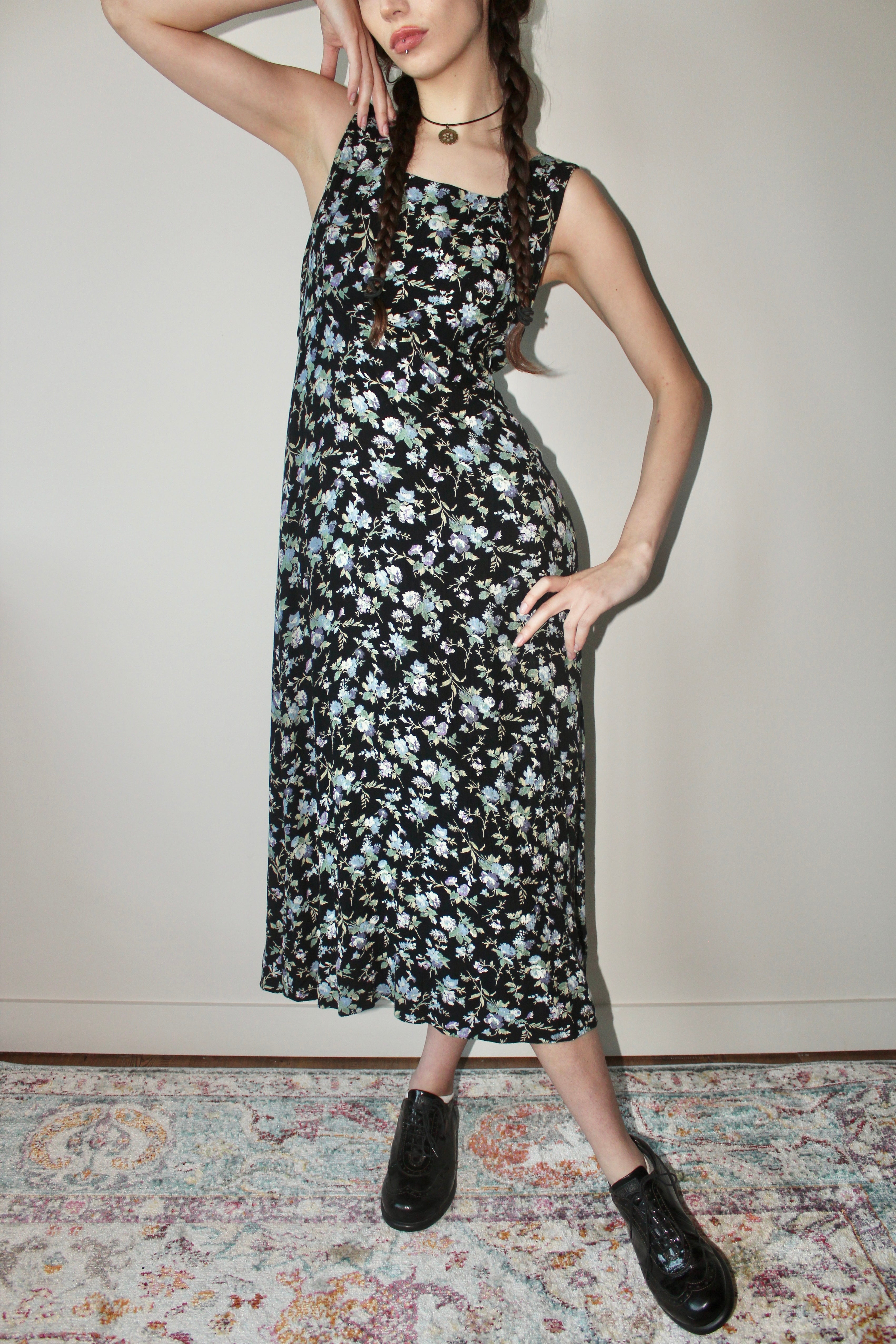 Vintage 90s Tie Back Floral Midi Dress (S/M)
