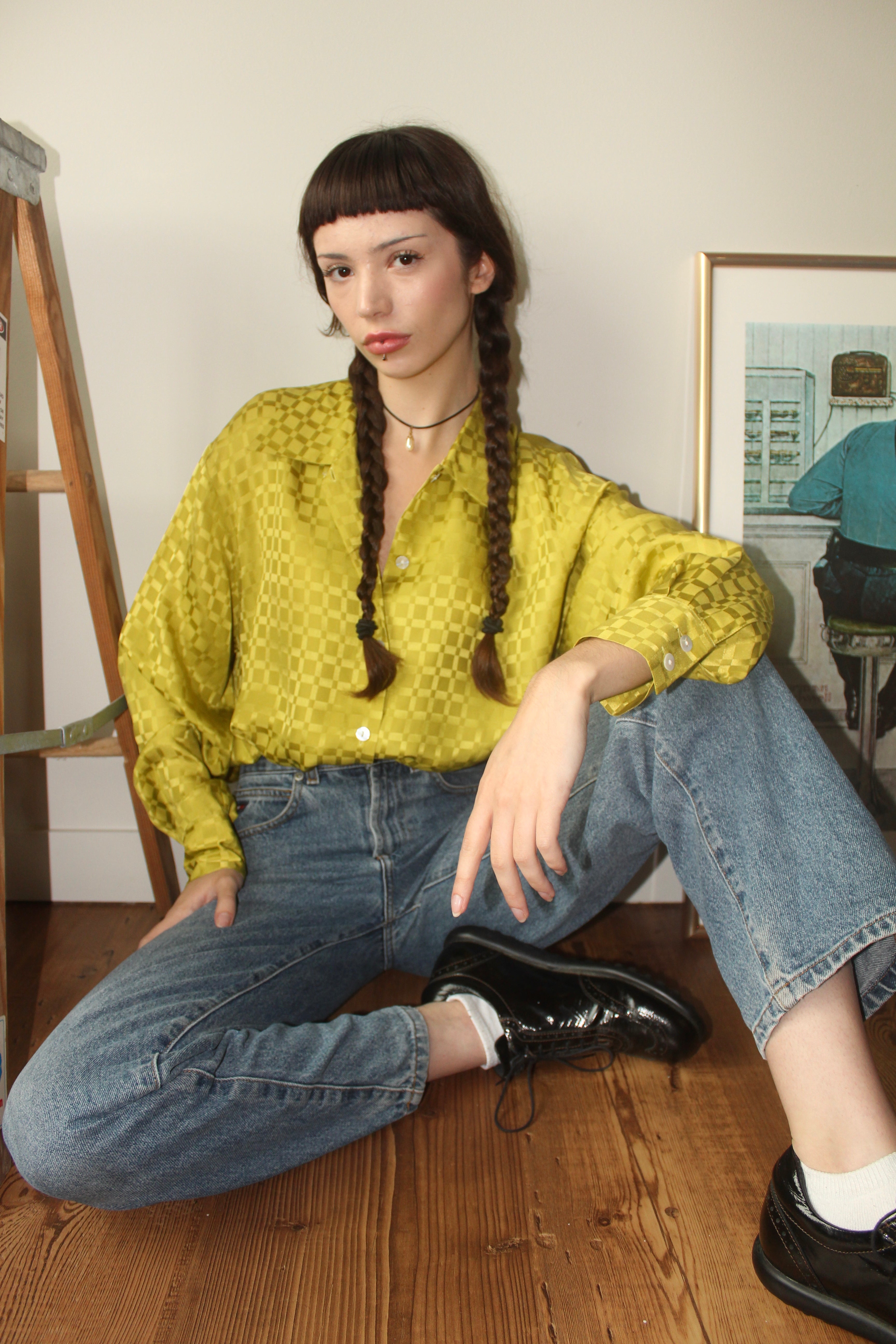 Vintage 90s Checkered Silk Blouse (L)