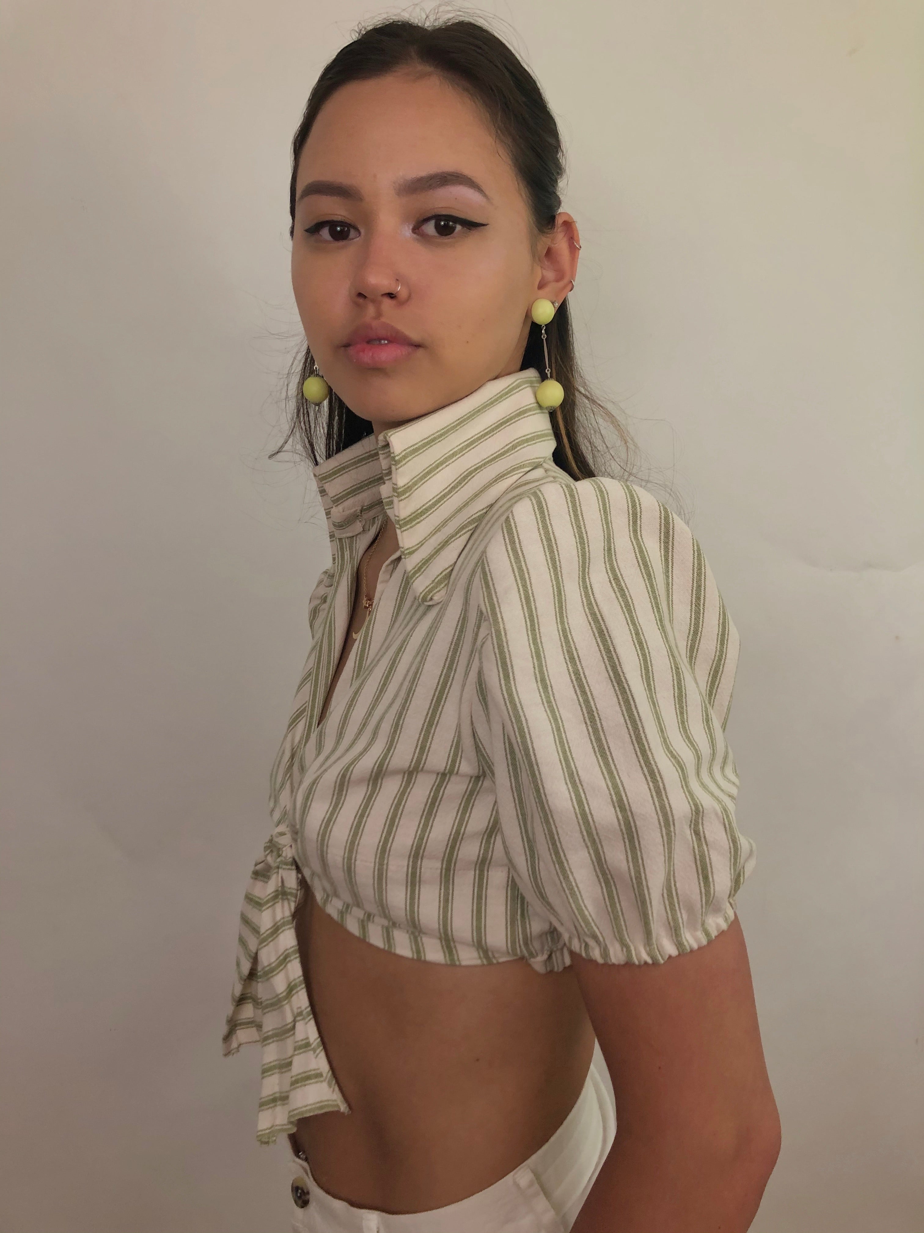 The 60s Spy Top- Leafy Stripe Print