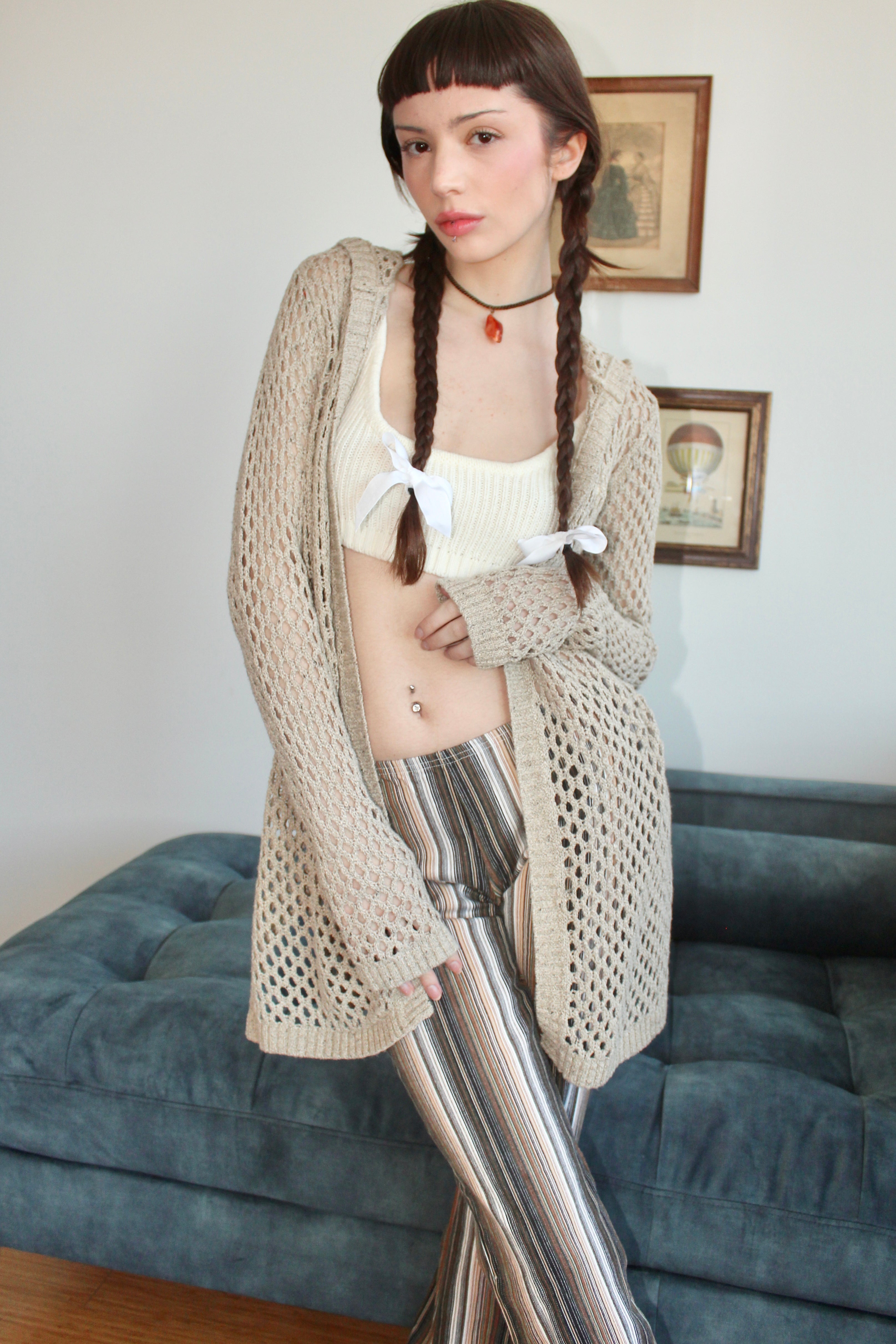Vintage Tan Mesh Hooded Knit (M)
