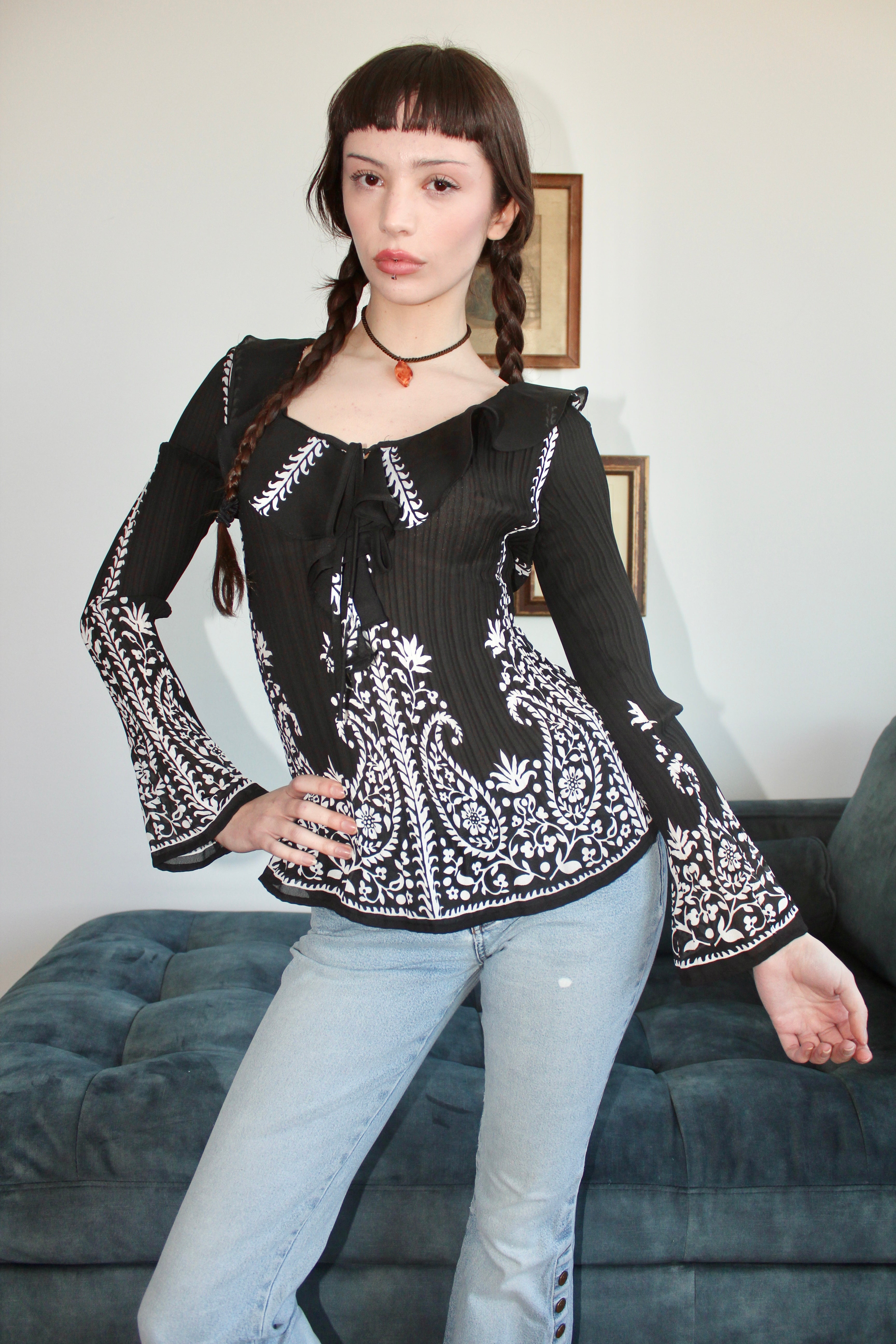 Vintage Ruffled Pleated Paisley Blouse (S-M)