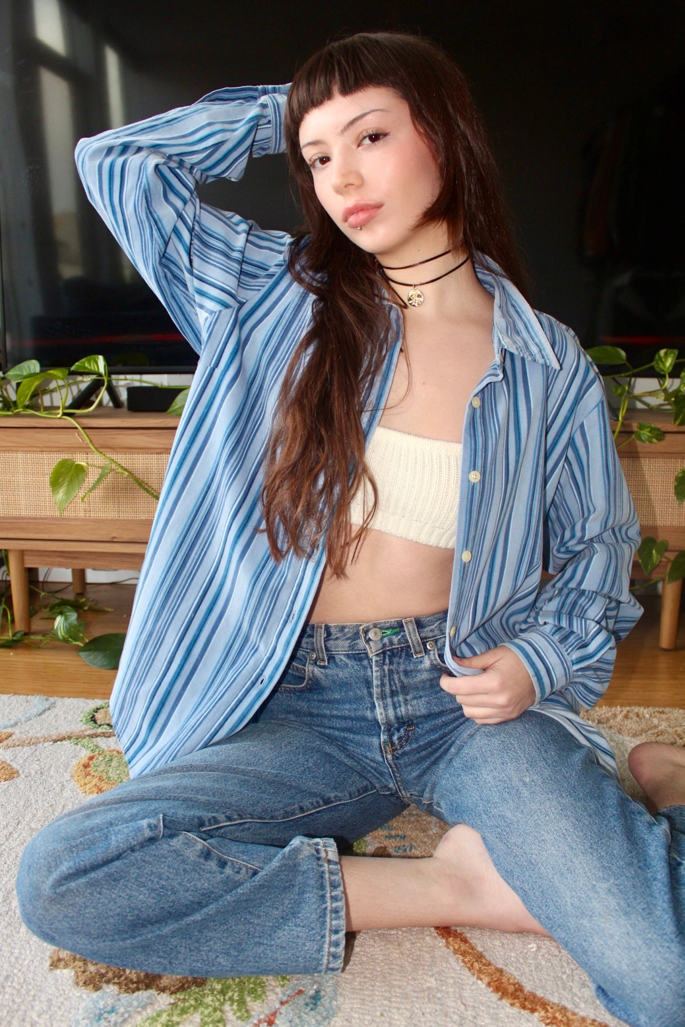 Vintage 90s Blue Striped Button Up Corduroy Textured Shirt (M)