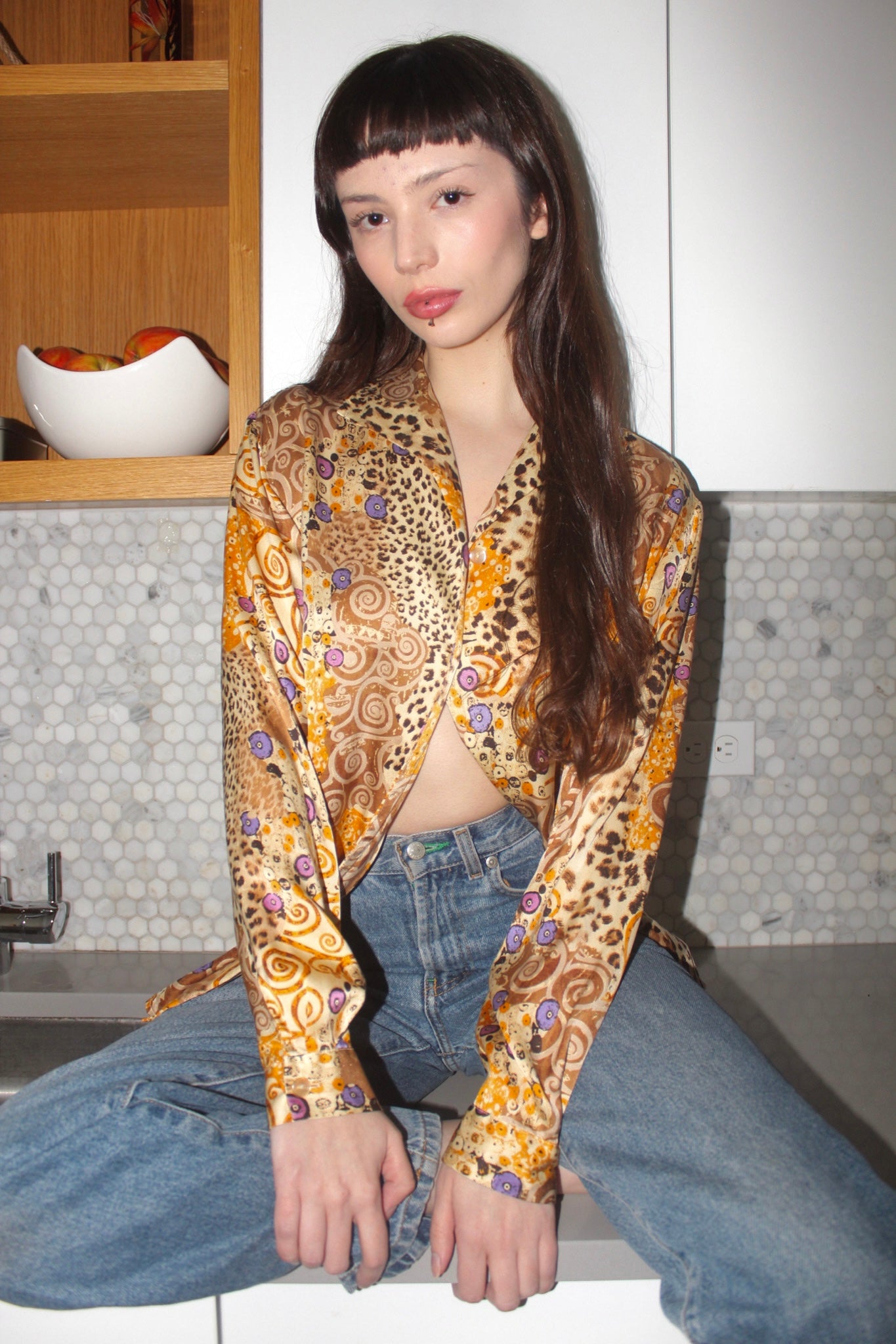 Vintage 90s Groovy Abstract Silk Button Up (M)