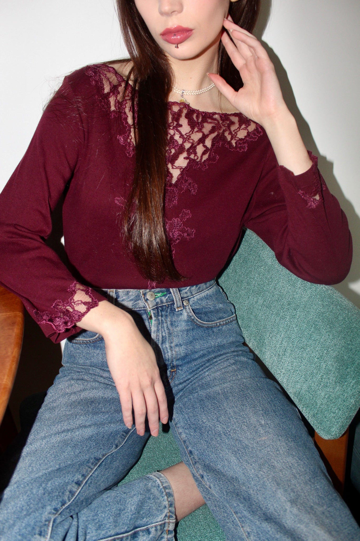 Vintage 90s Lace Plum Knit Top (M)