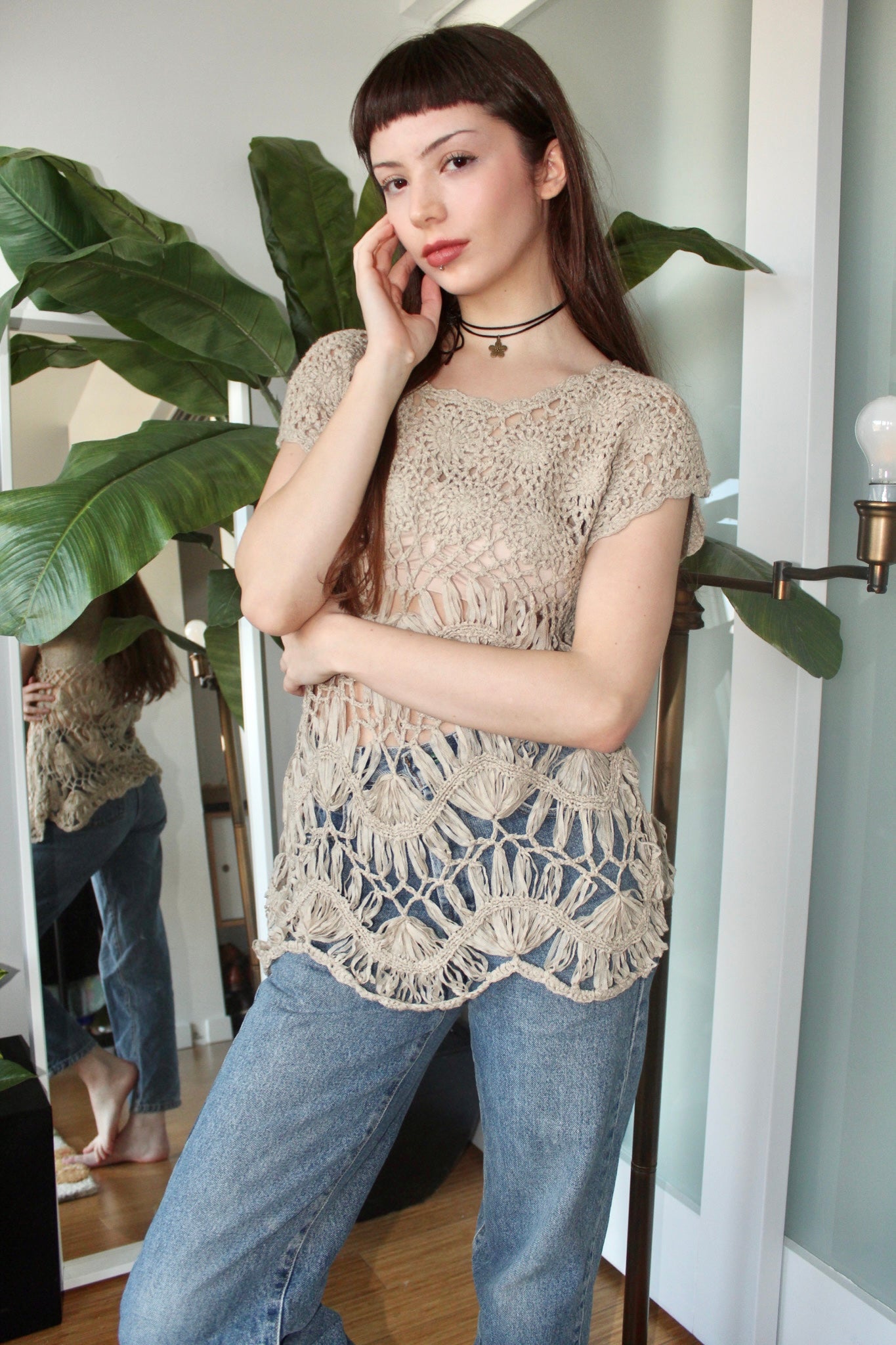 Vintage Tan Crochet Knit (M)